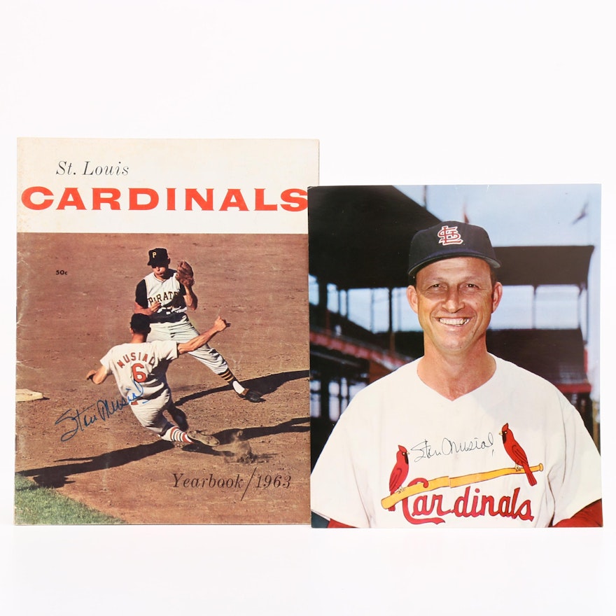 Stan Musial Signed Autograph Photo and 1963 St. Louis Cardinal Year Book