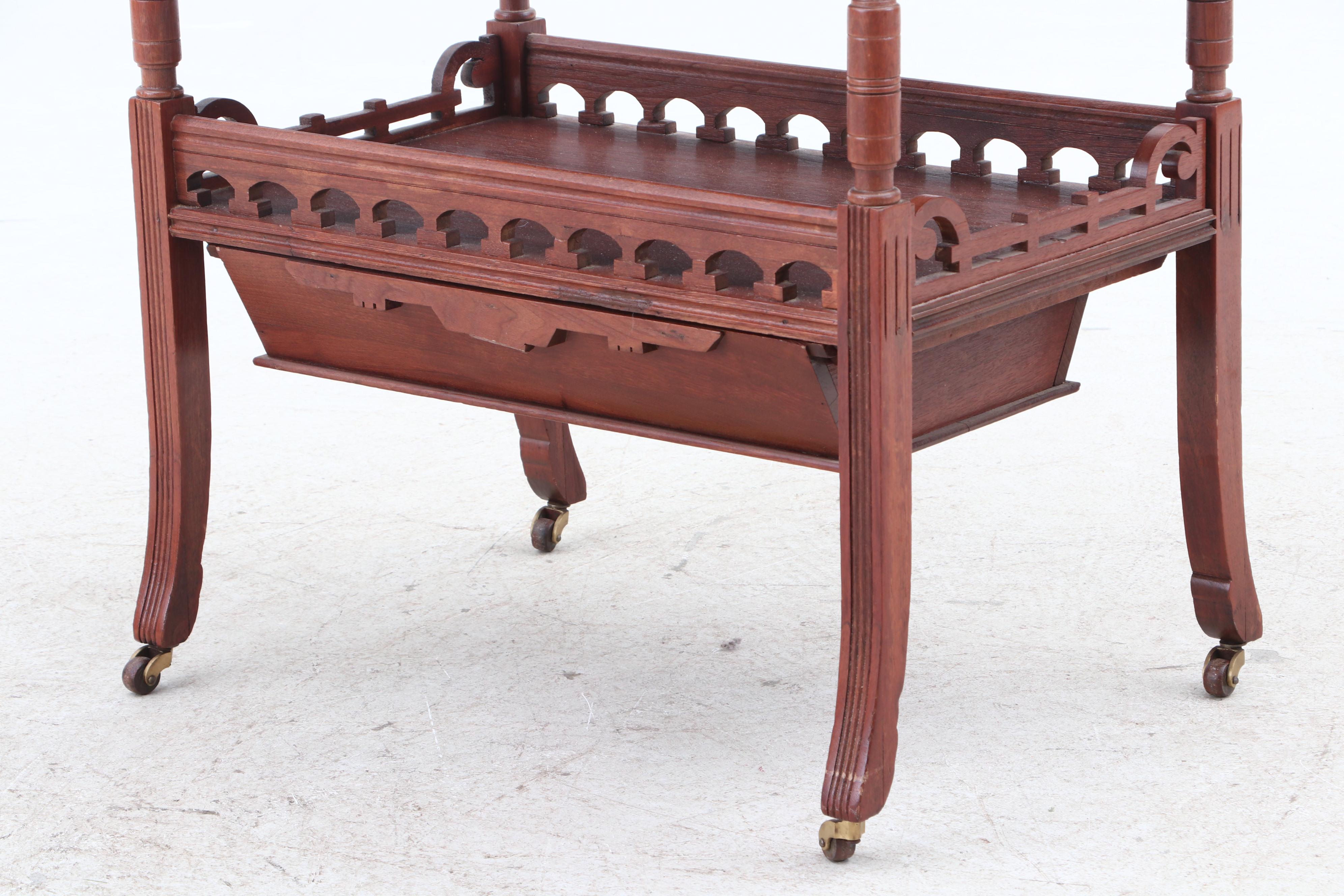 Aesthetic Movement Walnut Inlaid Sewing Table on Casters, 19th Century