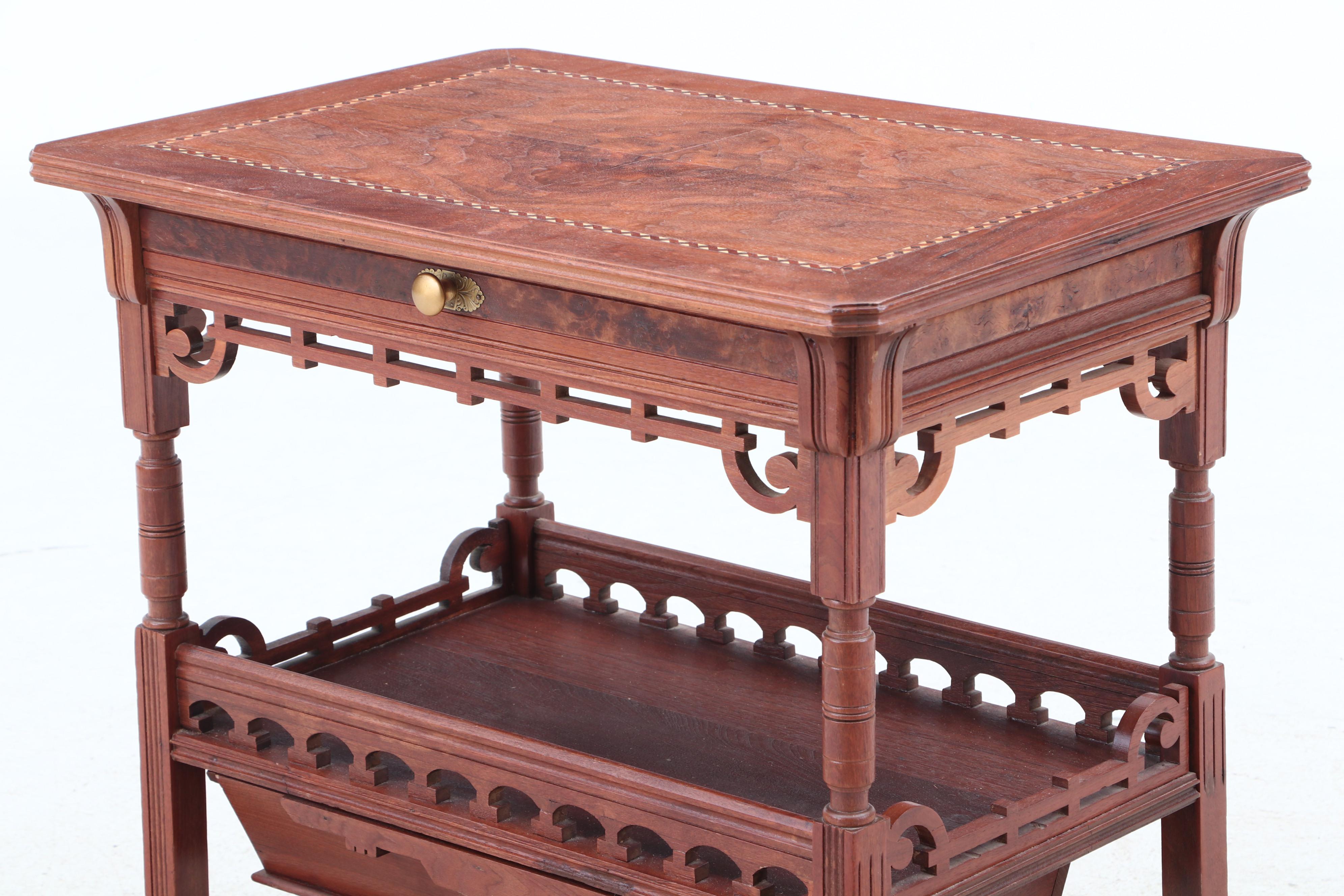 Aesthetic Movement Walnut Inlaid Sewing Table on Casters, 19th Century