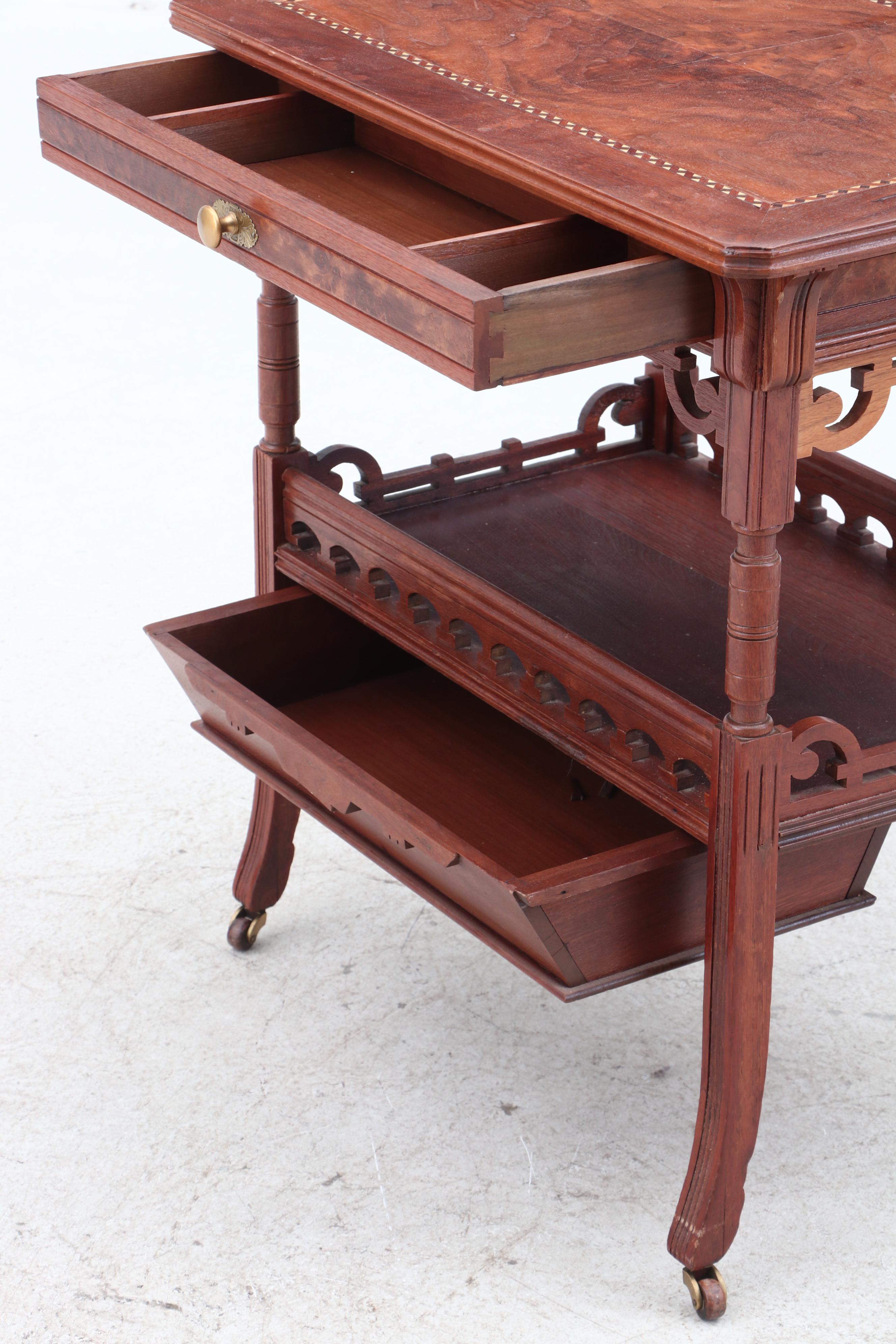 Aesthetic Movement Walnut Inlaid Sewing Table on Casters, 19th Century