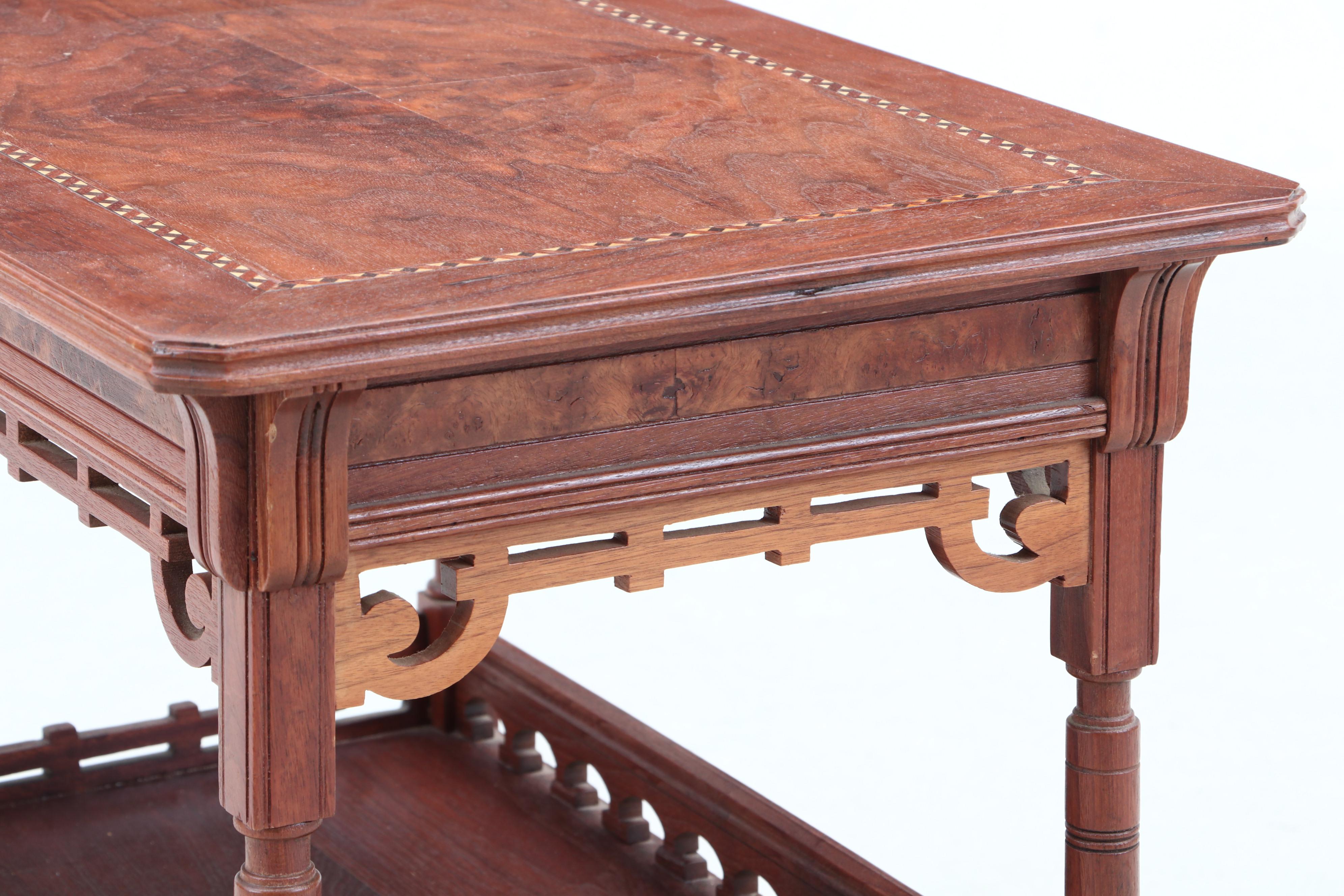 Aesthetic Movement Walnut Inlaid Sewing Table on Casters, 19th Century
