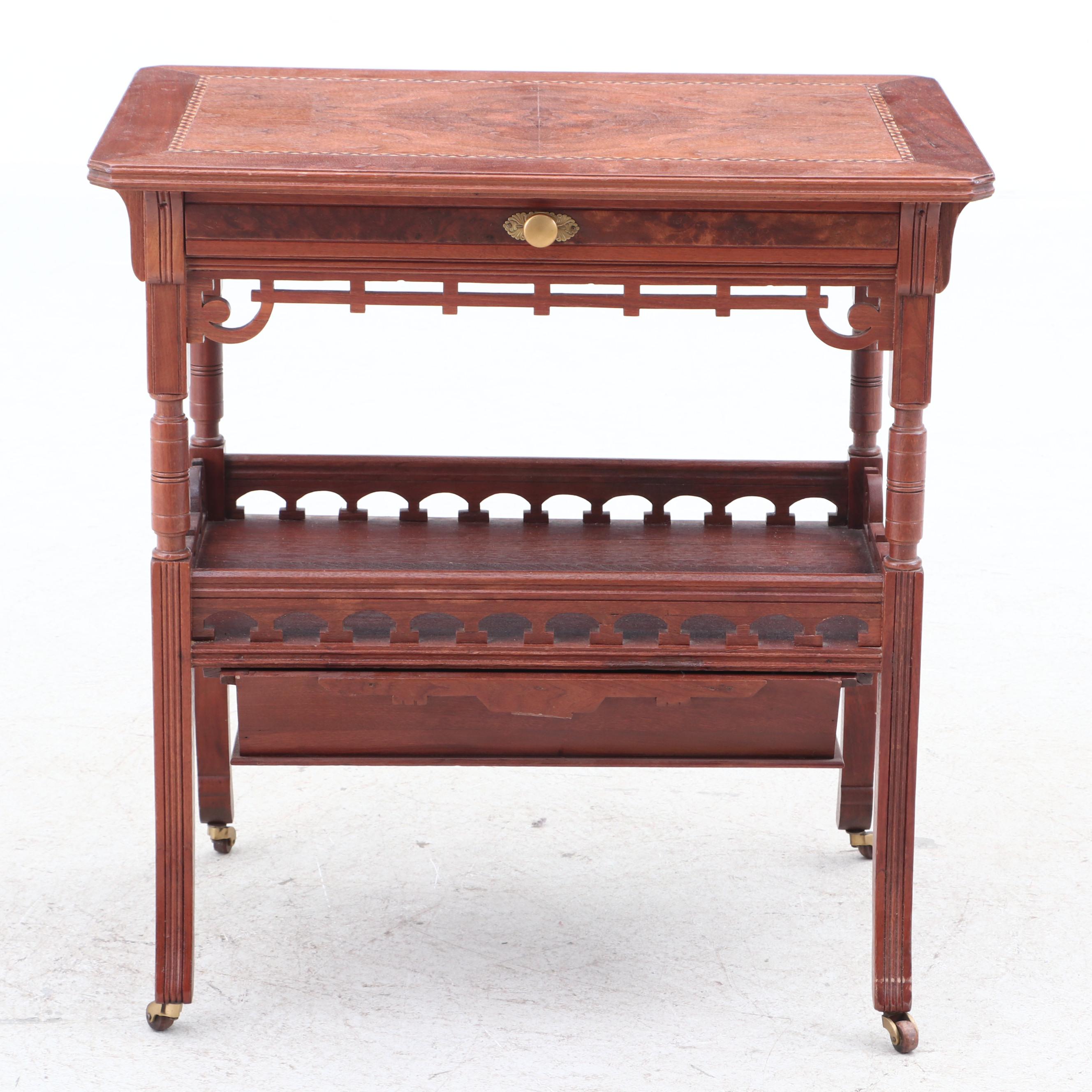 Aesthetic Movement Walnut Inlaid Sewing Table on Casters, 19th Century