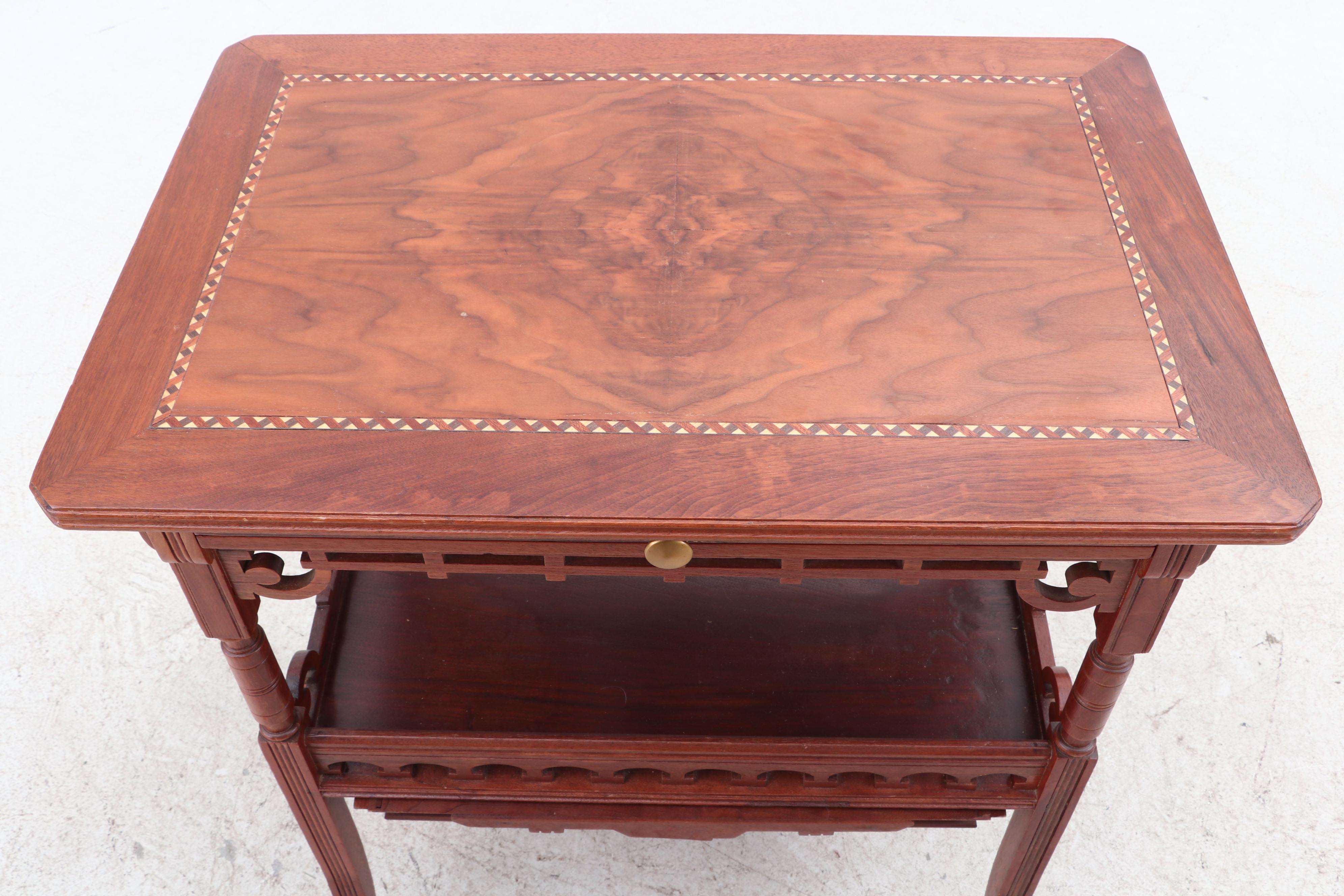 Aesthetic Movement Walnut Inlaid Sewing Table on Casters, 19th Century
