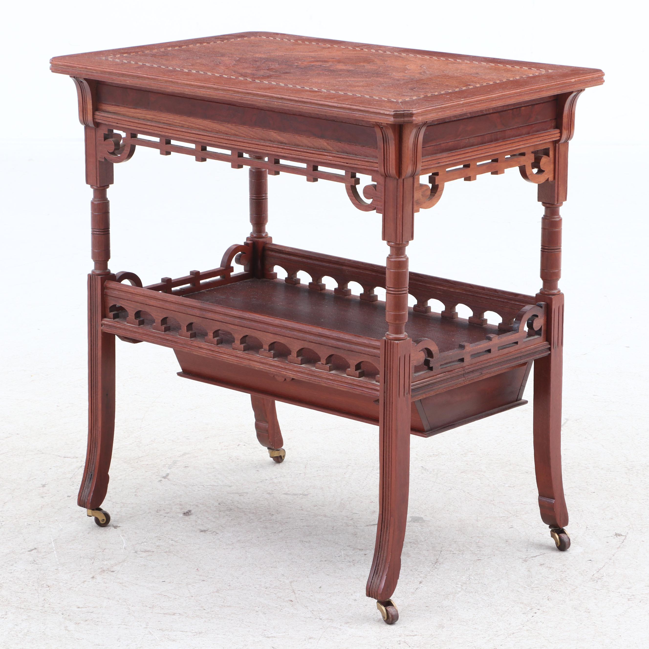 Aesthetic Movement Walnut Inlaid Sewing Table on Casters, 19th Century
