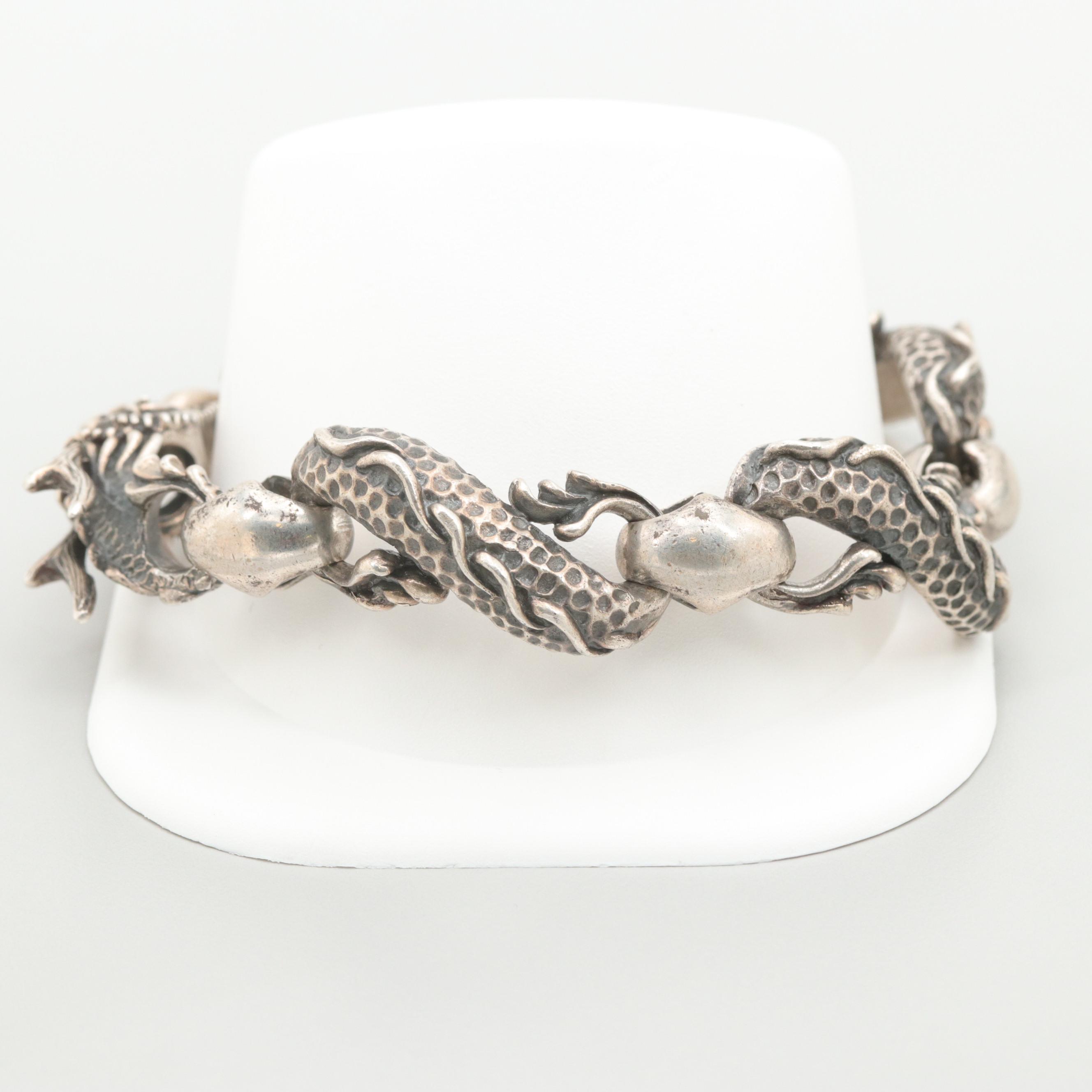 Bull Blood Sterling Silver Dragon Link Bracelet