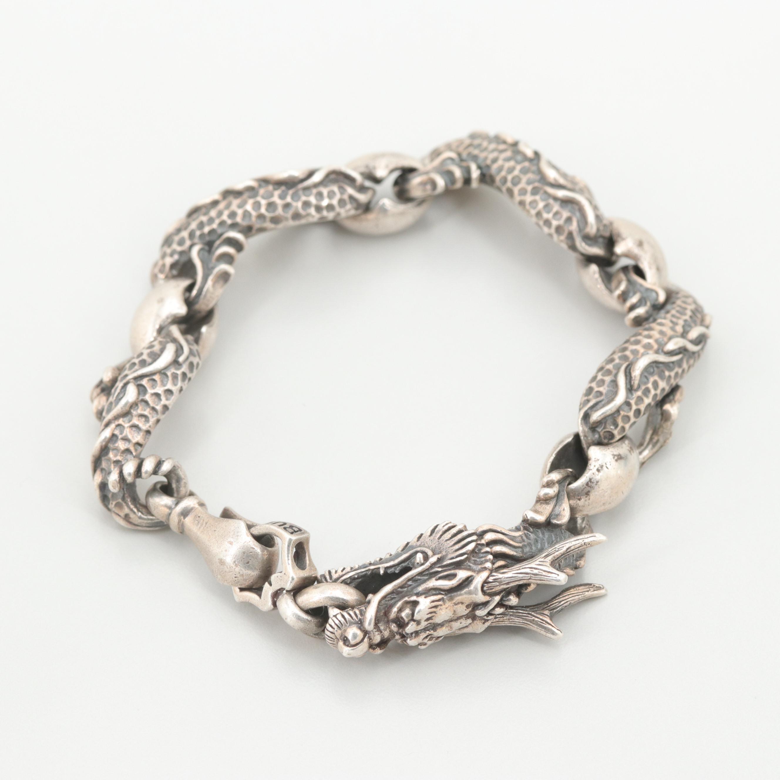 Bull Blood Sterling Silver Dragon Link Bracelet