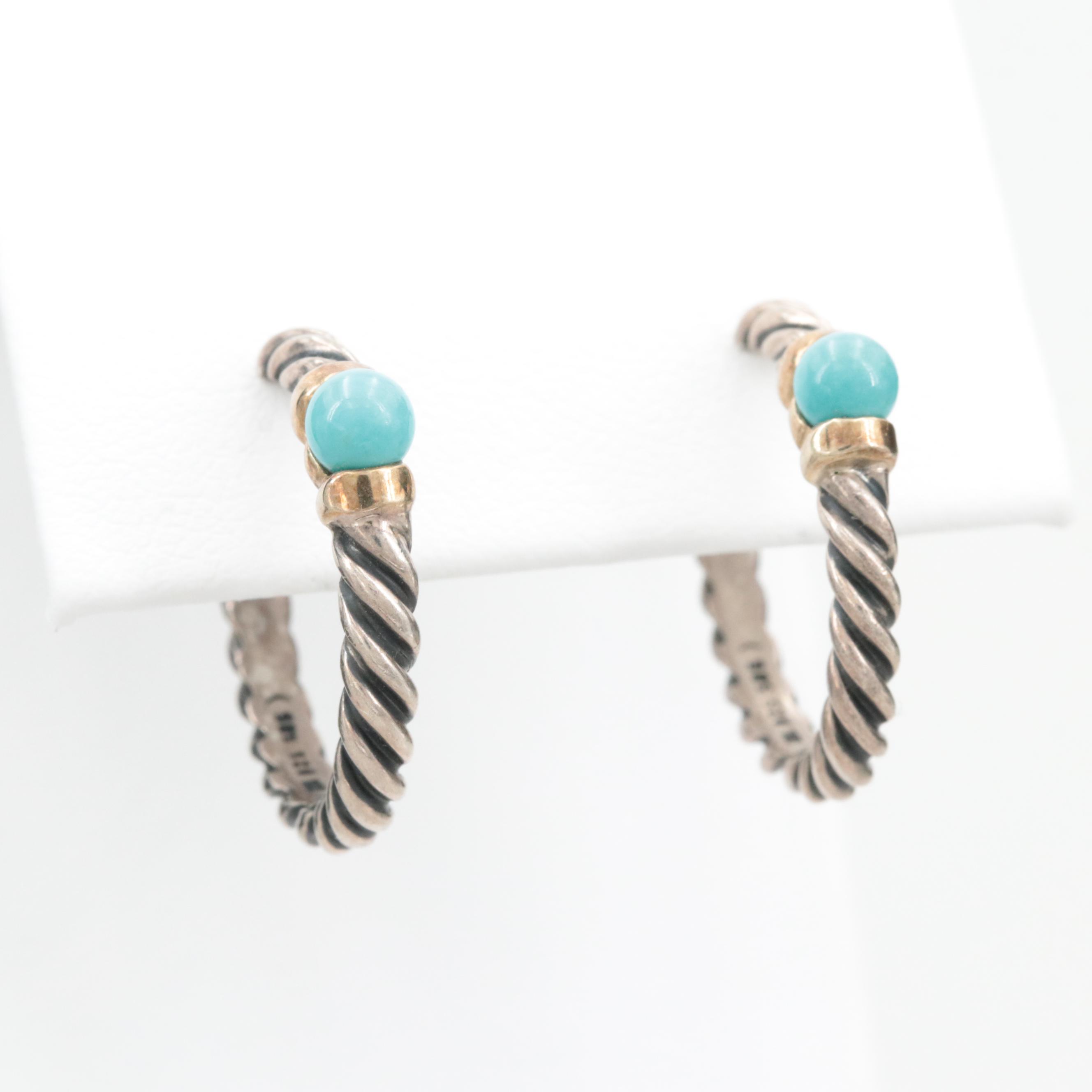 David Yurman Sterling Silver Turquoise Hoop Earrings 14K White Gold Accents