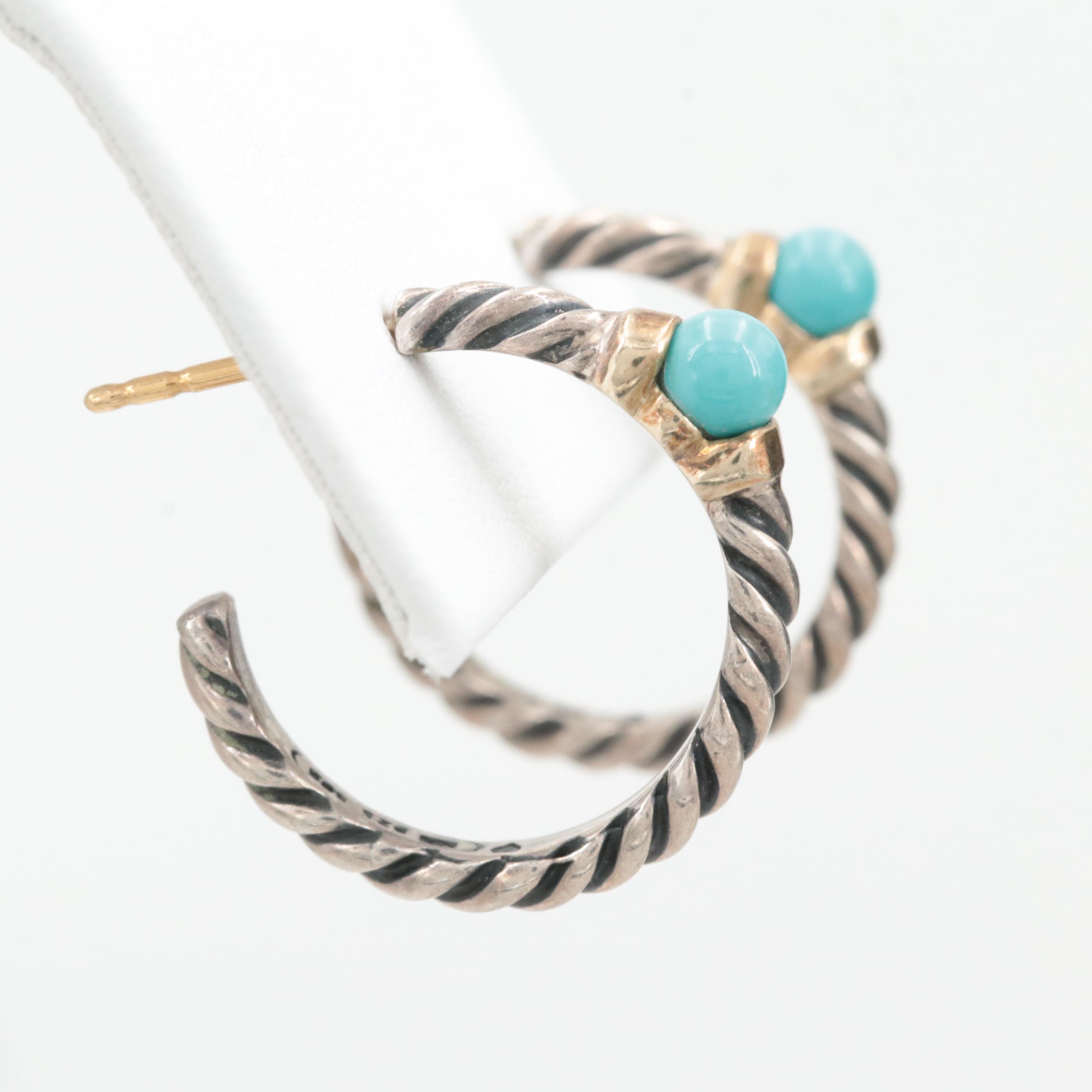David Yurman Sterling Silver Turquoise Hoop Earrings 14K White Gold Accents