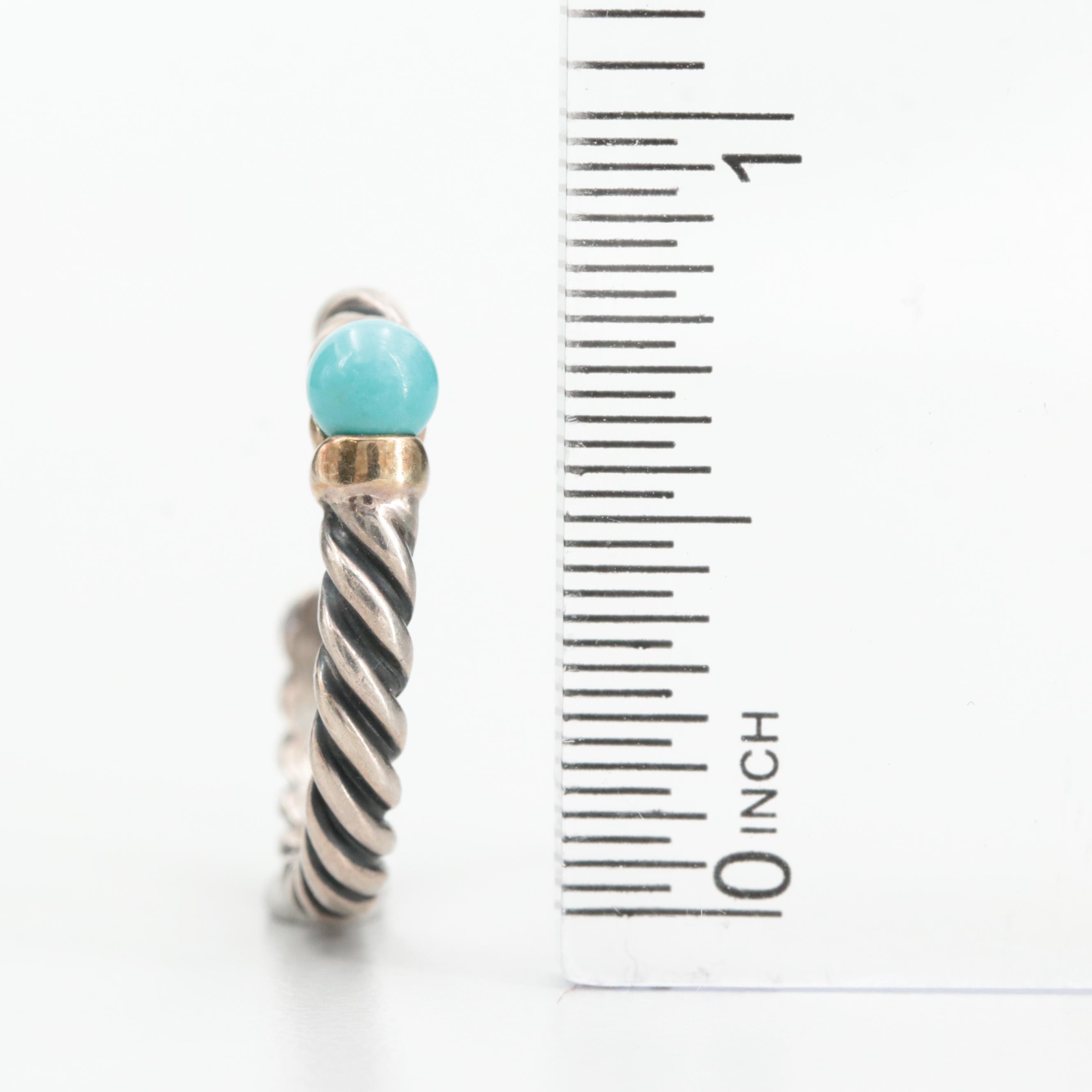 David Yurman Sterling Silver Turquoise Hoop Earrings 14K White Gold Accents