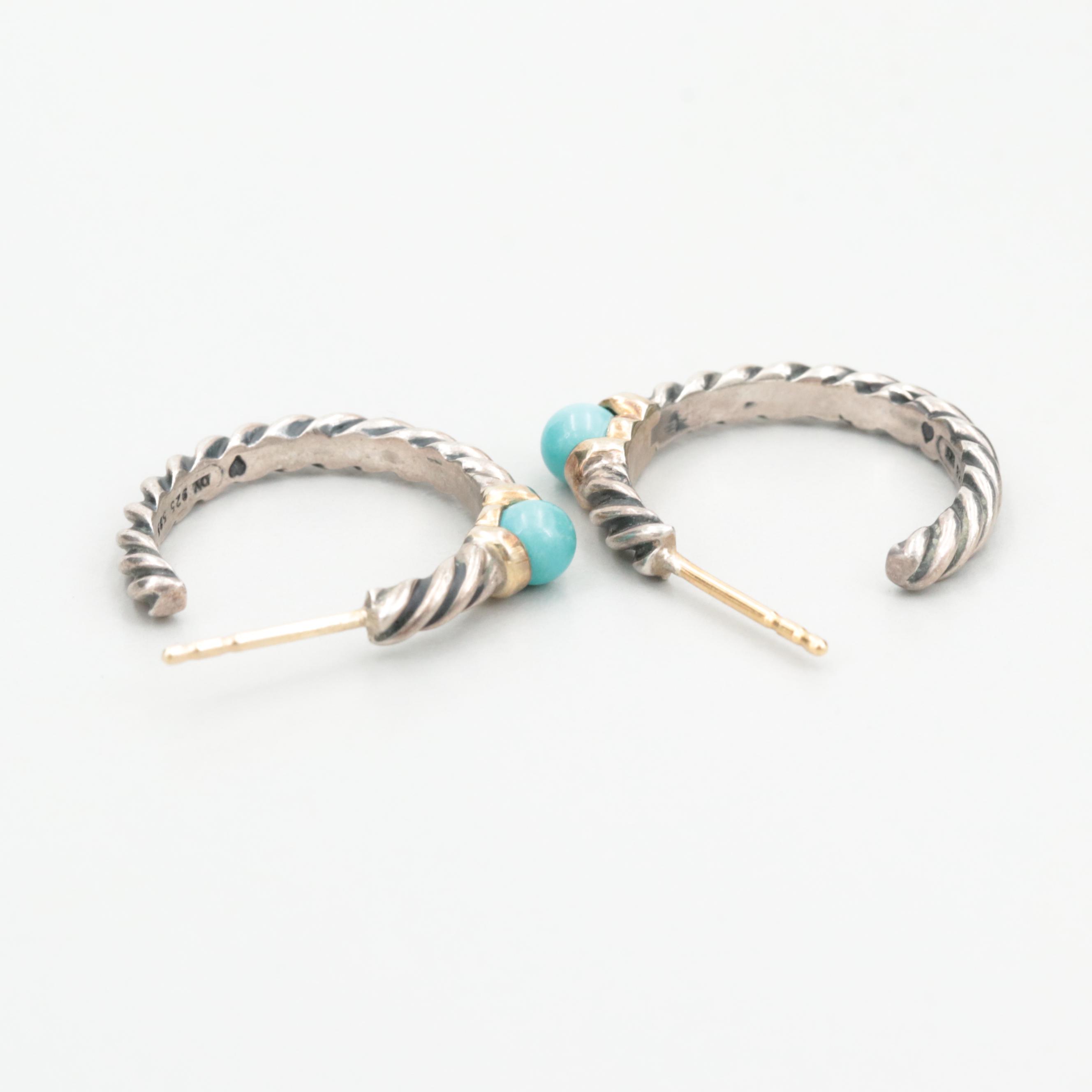 David Yurman Sterling Silver Turquoise Hoop Earrings 14K White Gold Accents
