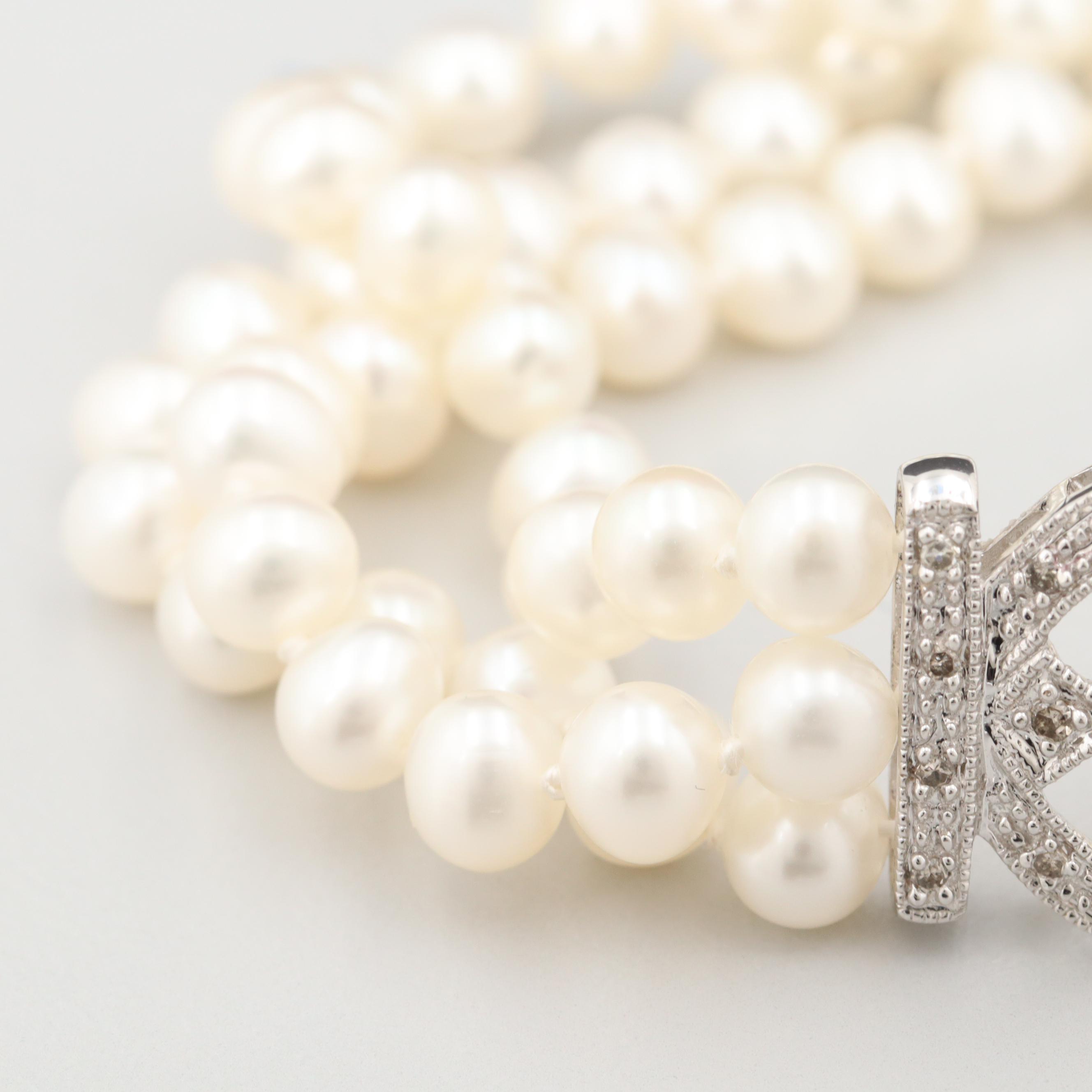 Alwand Vahan 14K White Gold Triple Strand Diamond and Cultured Pearl Bracelet