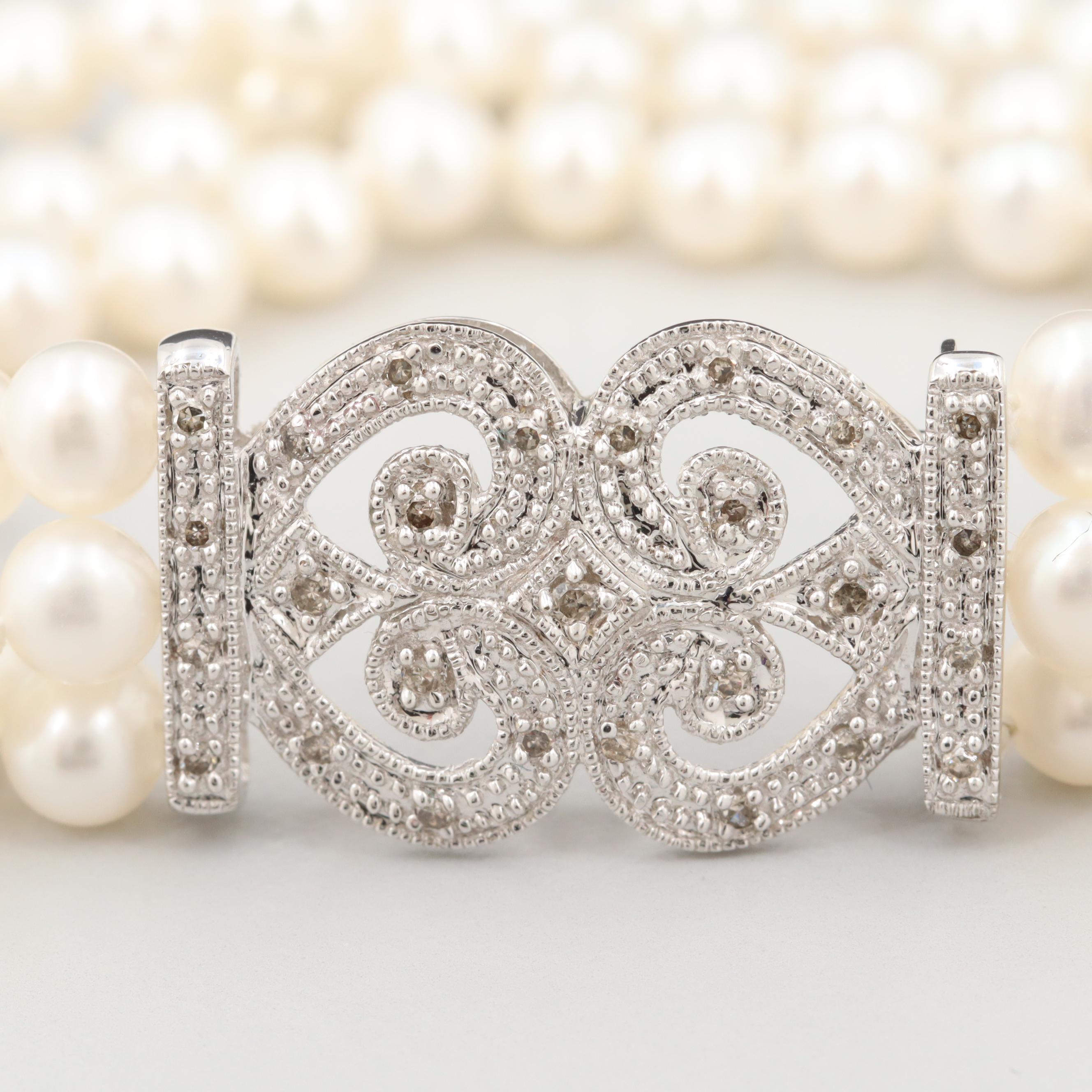 Alwand Vahan 14K White Gold Triple Strand Diamond and Cultured Pearl Bracelet
