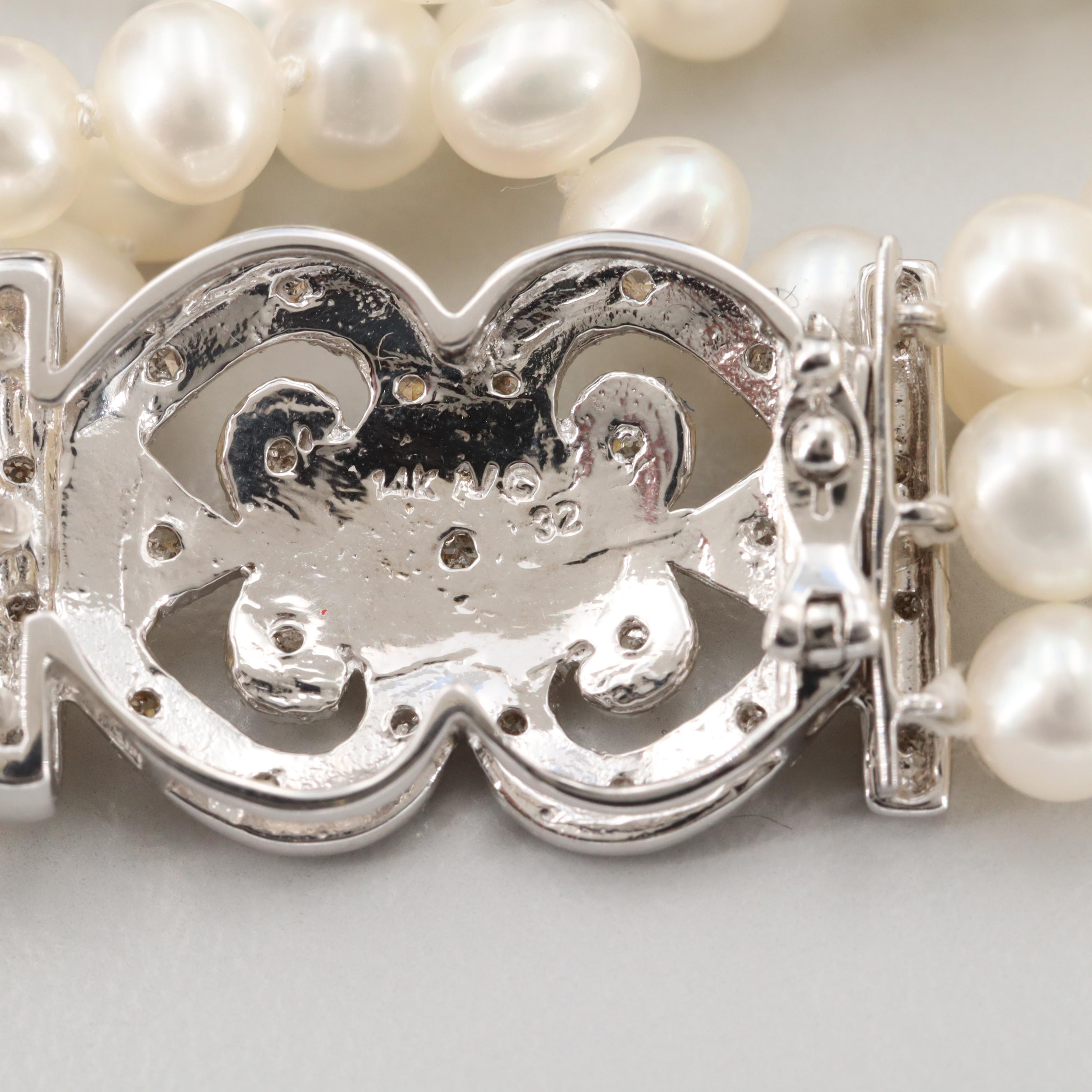 Alwand Vahan 14K White Gold Triple Strand Diamond and Cultured Pearl Bracelet