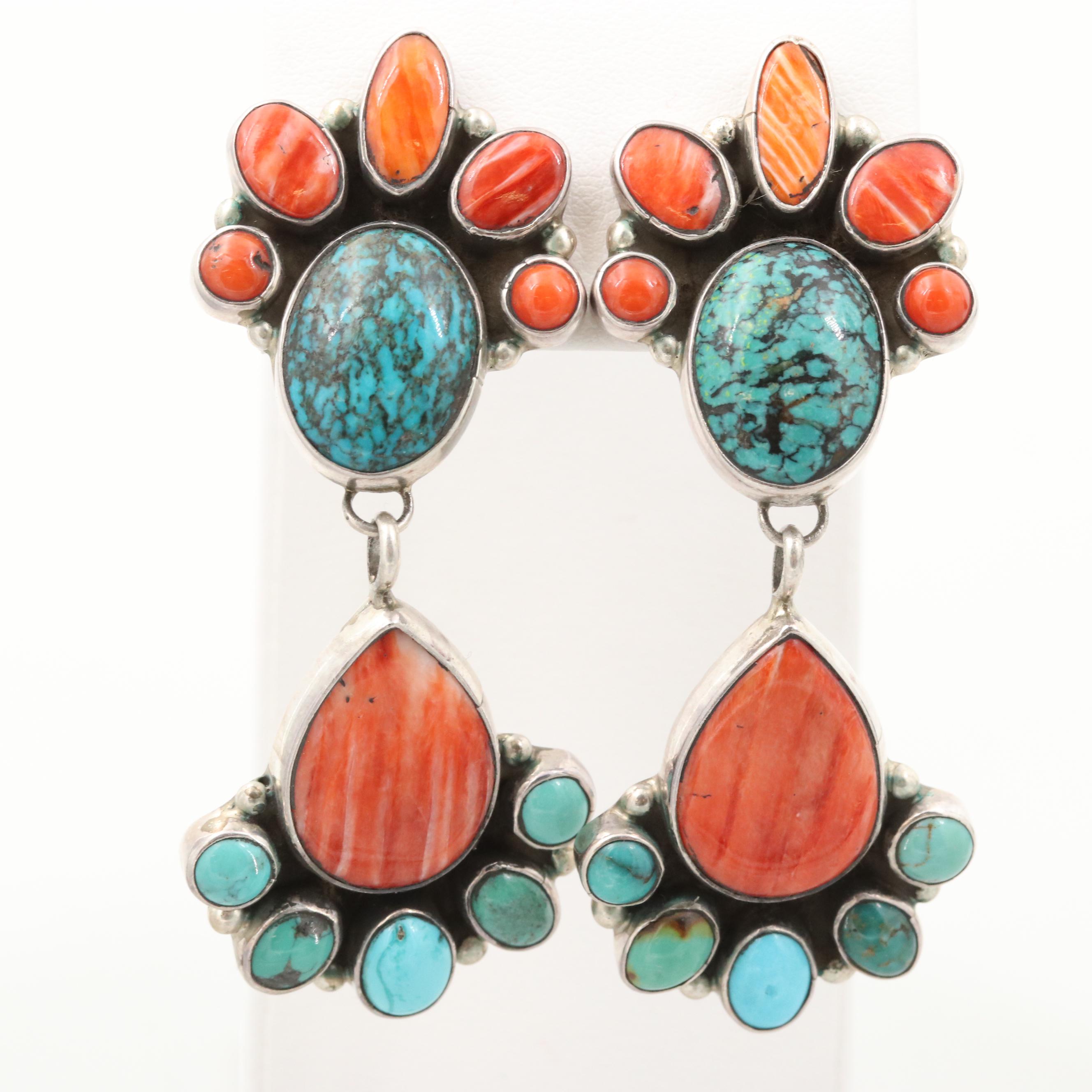 Michael Nez Navajo Diné Sterling Silver Turquoise and Spiny Oyster Earrings