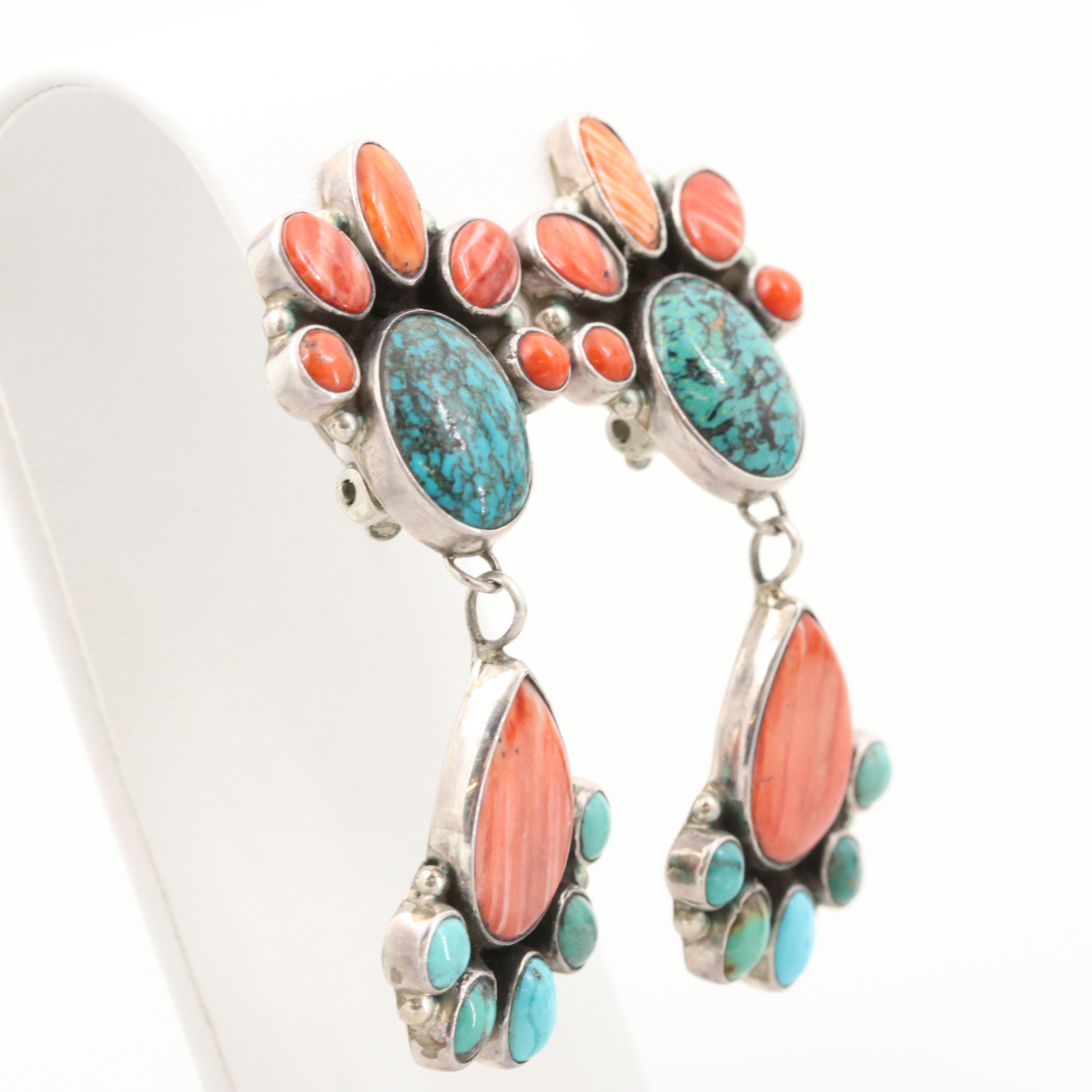 Michael Nez Navajo Diné Sterling Silver Turquoise and Spiny Oyster Earrings