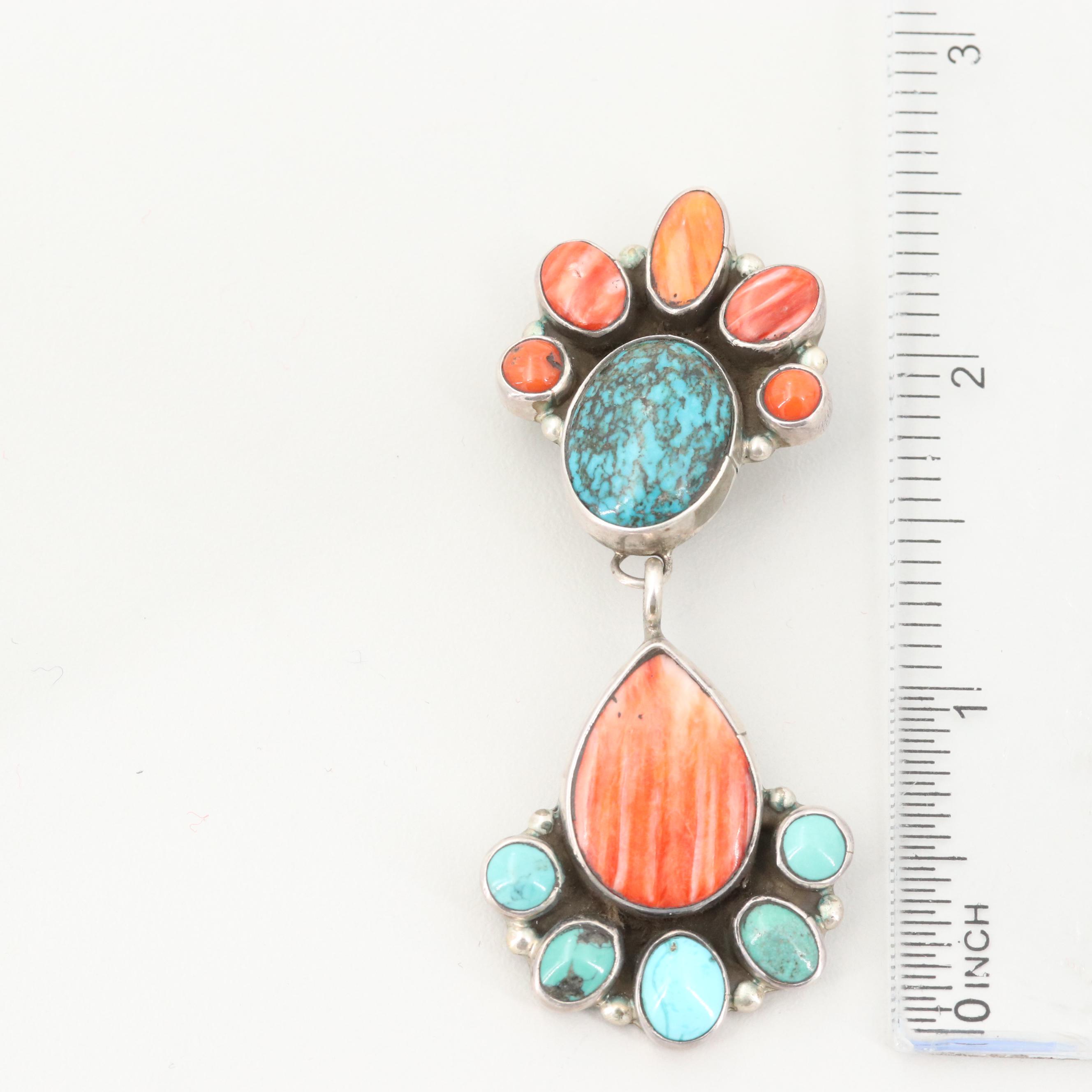 Michael Nez Navajo Diné Sterling Silver Turquoise and Spiny Oyster Earrings