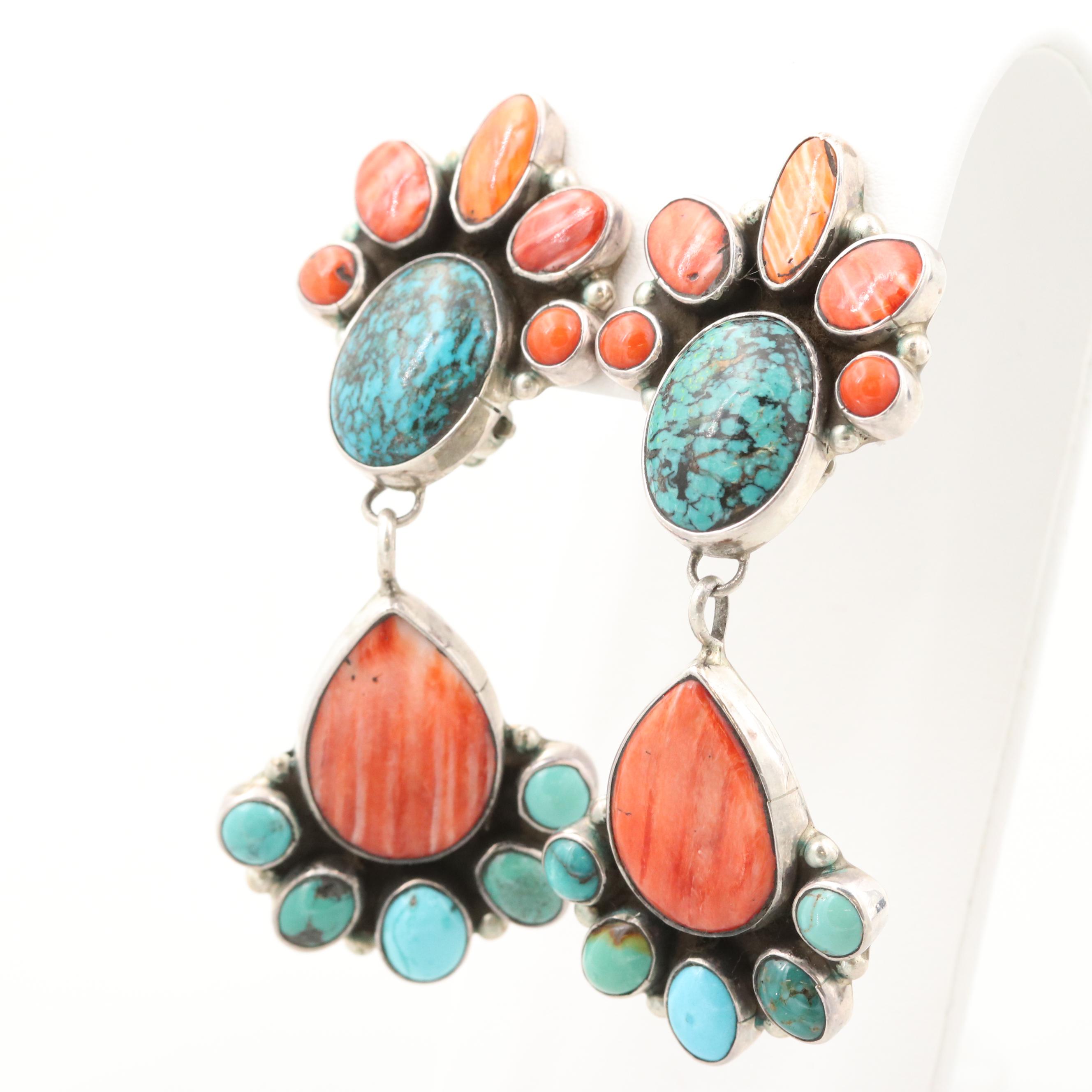 Michael Nez Navajo Diné Sterling Silver Turquoise and Spiny Oyster Earrings