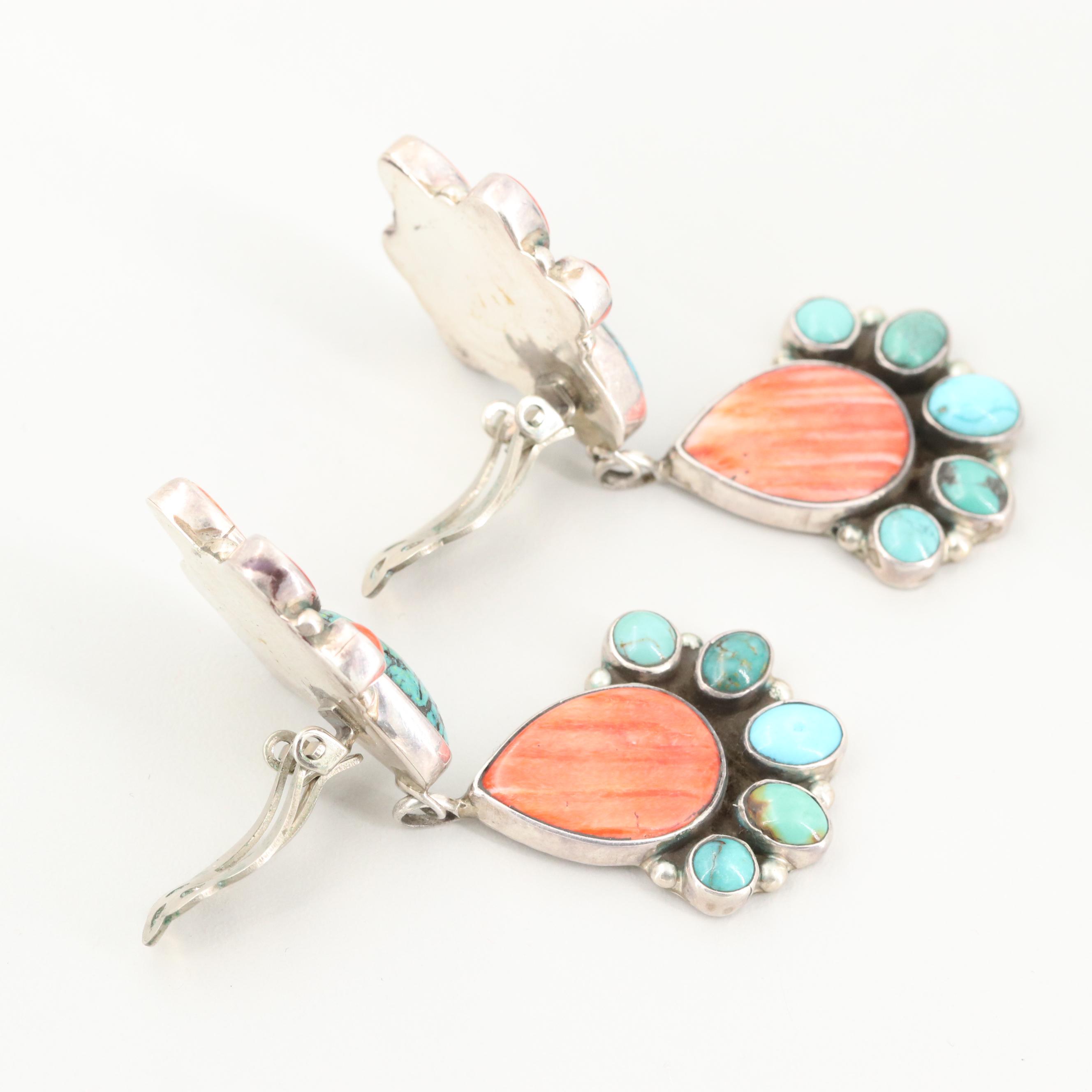 Michael Nez Navajo Diné Sterling Silver Turquoise and Spiny Oyster Earrings