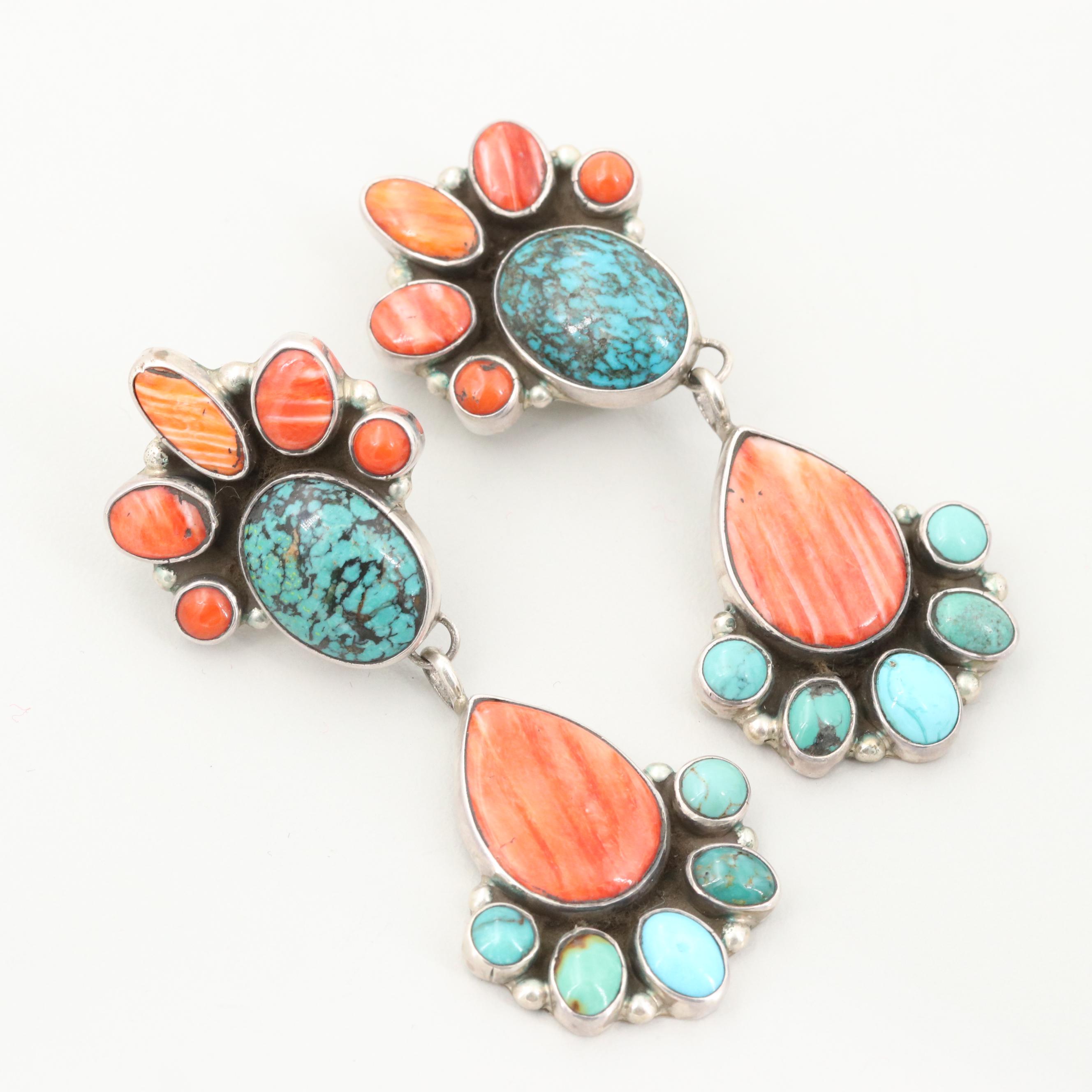 Michael Nez Navajo Diné Sterling Silver Turquoise and Spiny Oyster Earrings