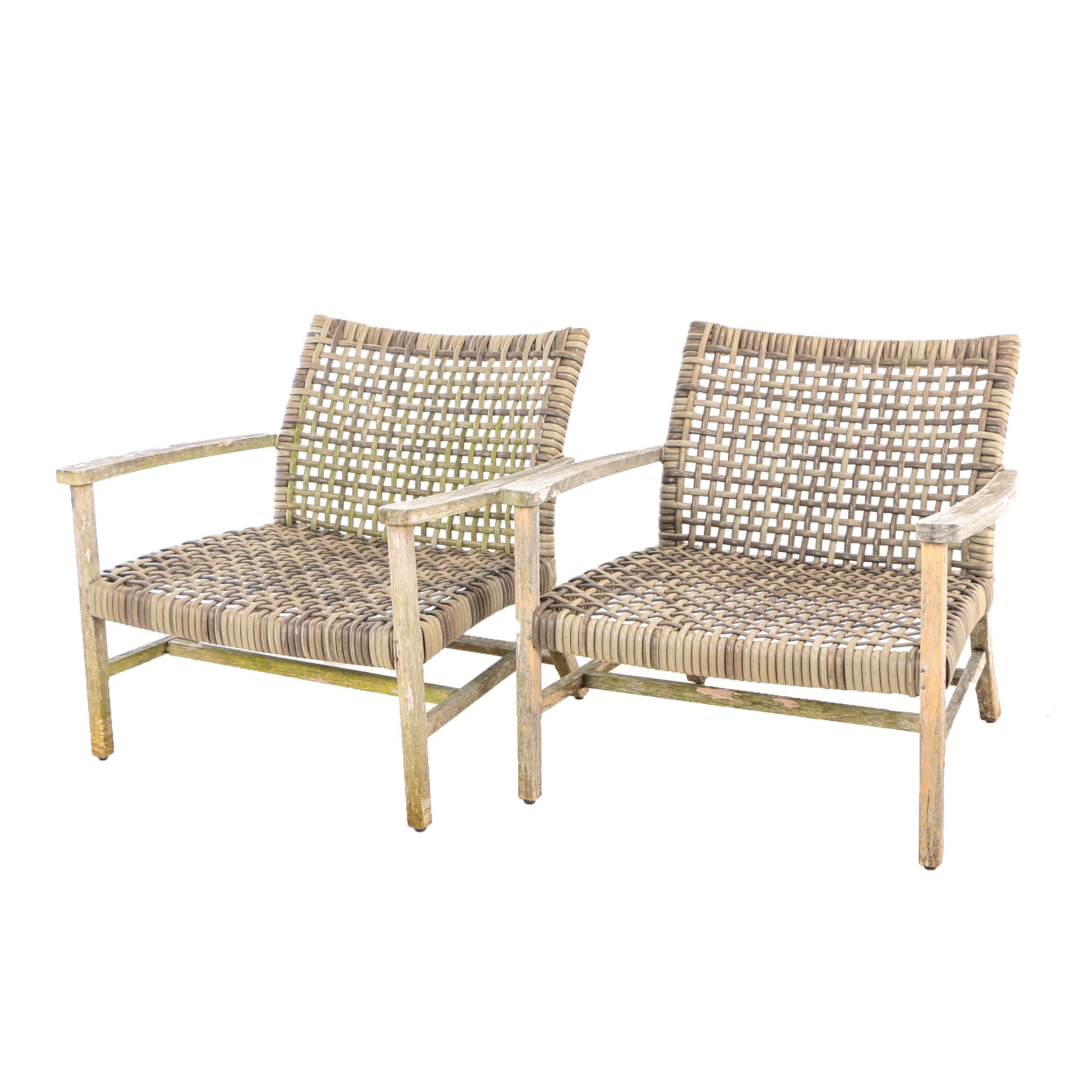 Pair of Frontgate, Teak and Resin Wicker "Isola" Patio Lounge Chairs