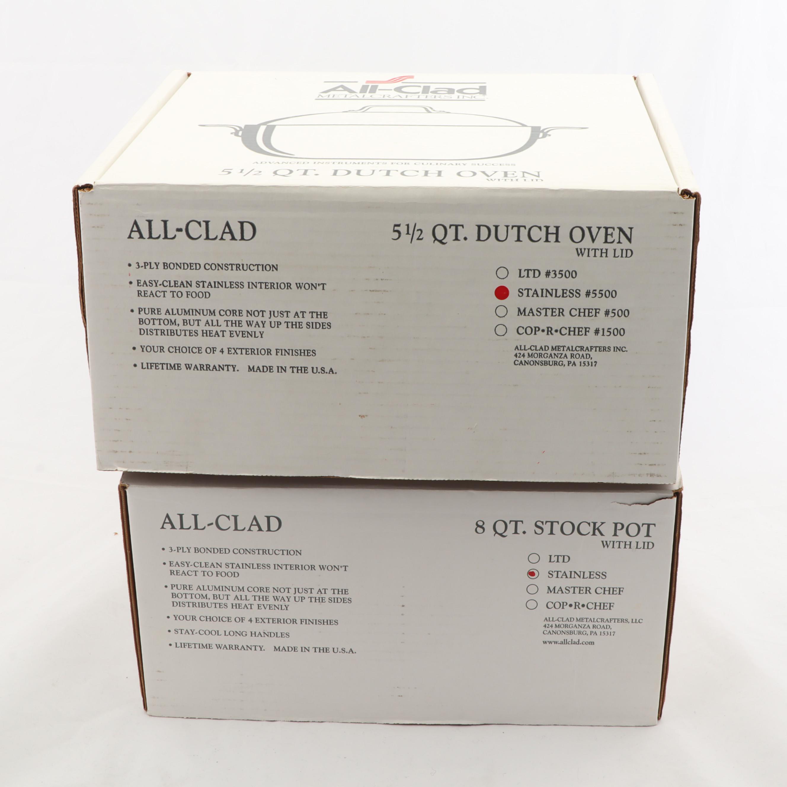 All-Clad Stainless Steel 5.5 Quart Dutch Oven and 8 Quart Stock Pot in Box