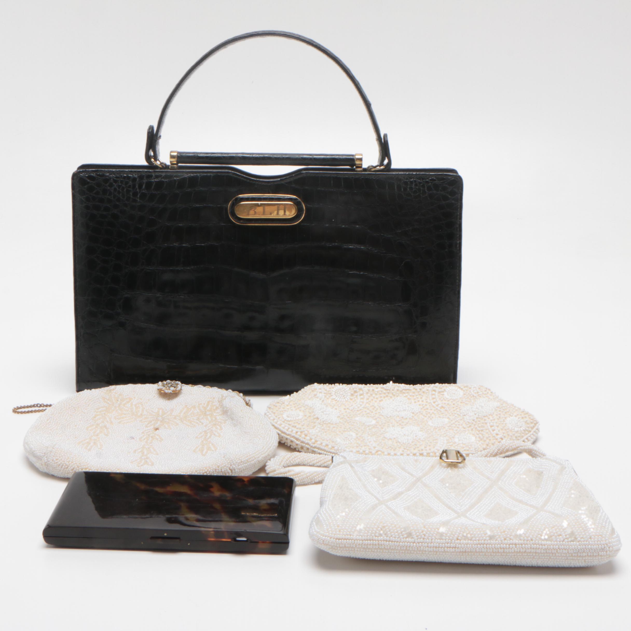 Manon Black Alligator Handbag with Evening Bags and Clutches, Vintage