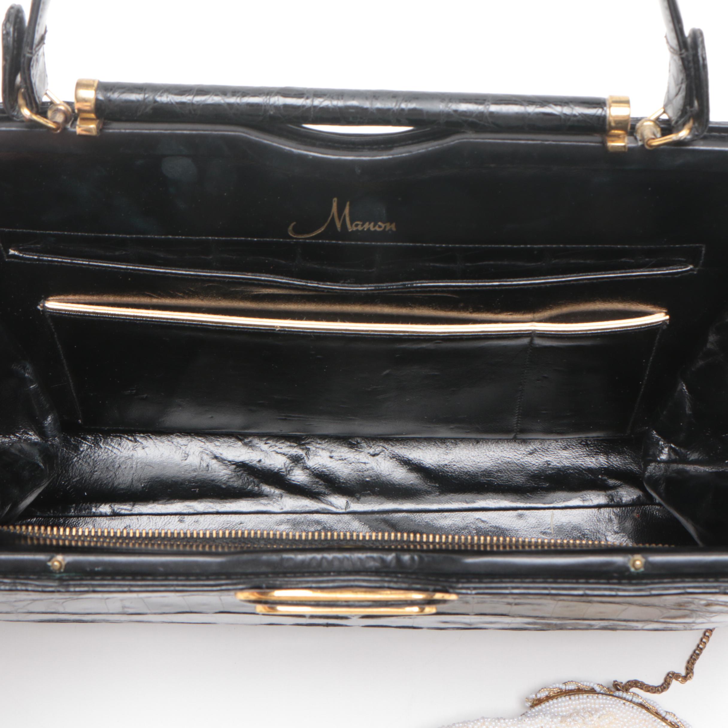 Manon Black Alligator Handbag with Evening Bags and Clutches, Vintage