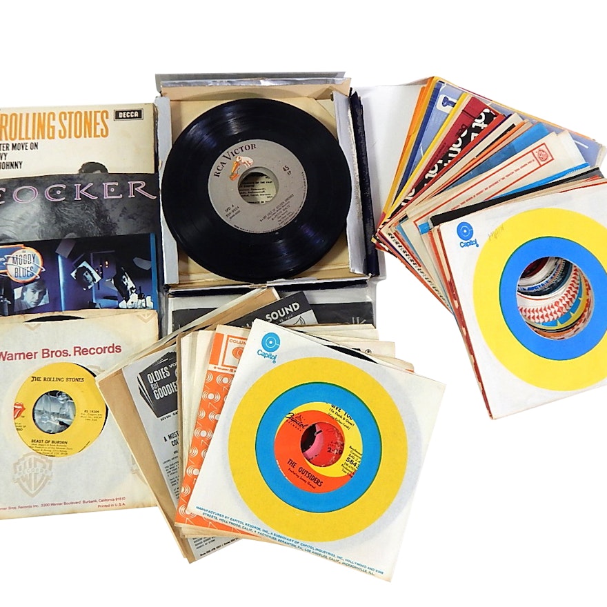 45 RPM Records and Sleeves with The Rolling Stones, Joe Cocker, Moody Blues,More