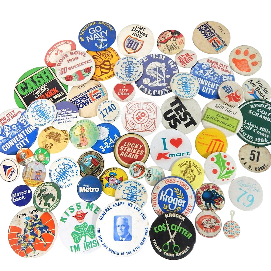 Vintage Pin-back Collection with Sports, Political, Advertising,Militaria Themes