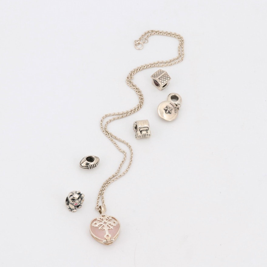Sterling Silver Rose Quartz Pendant Necklace and Pandora Charms