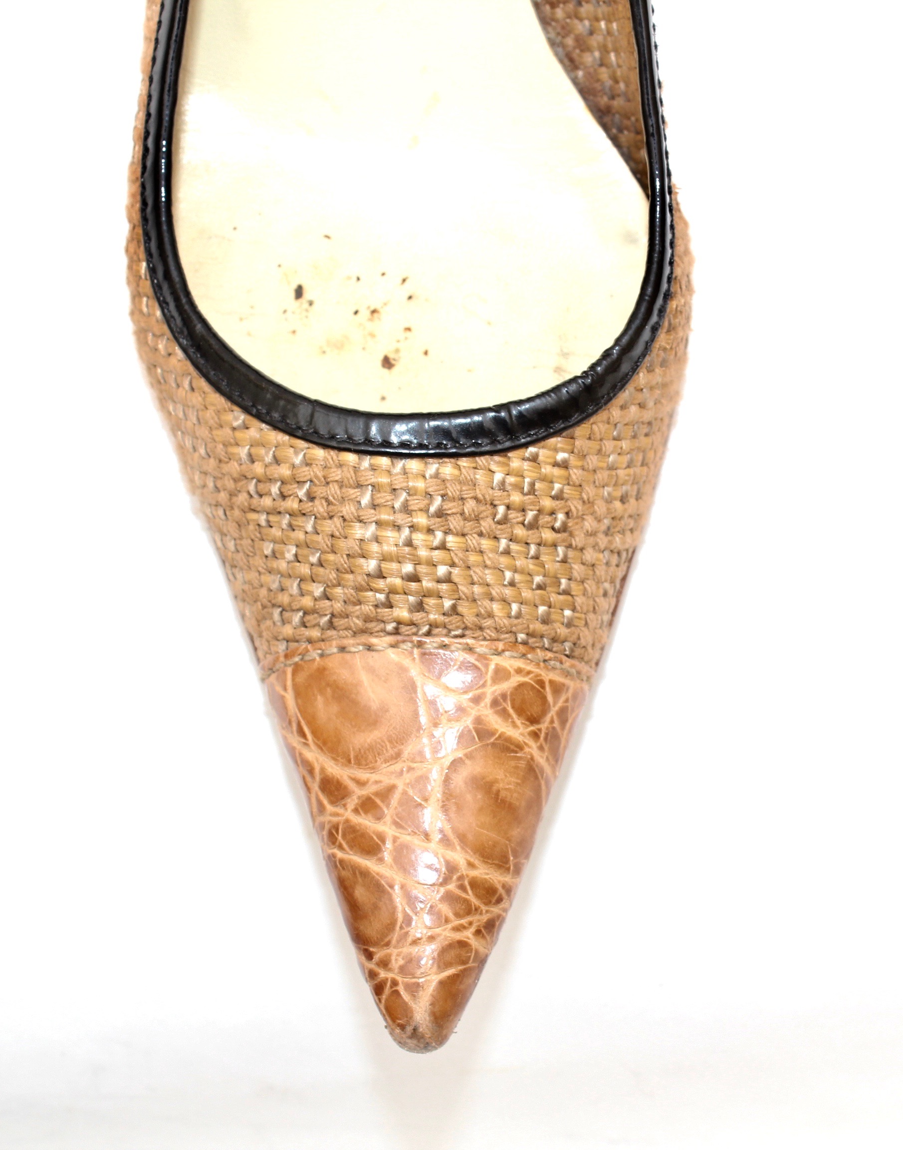 Prada Leather and Woven High-Heeled Pumps