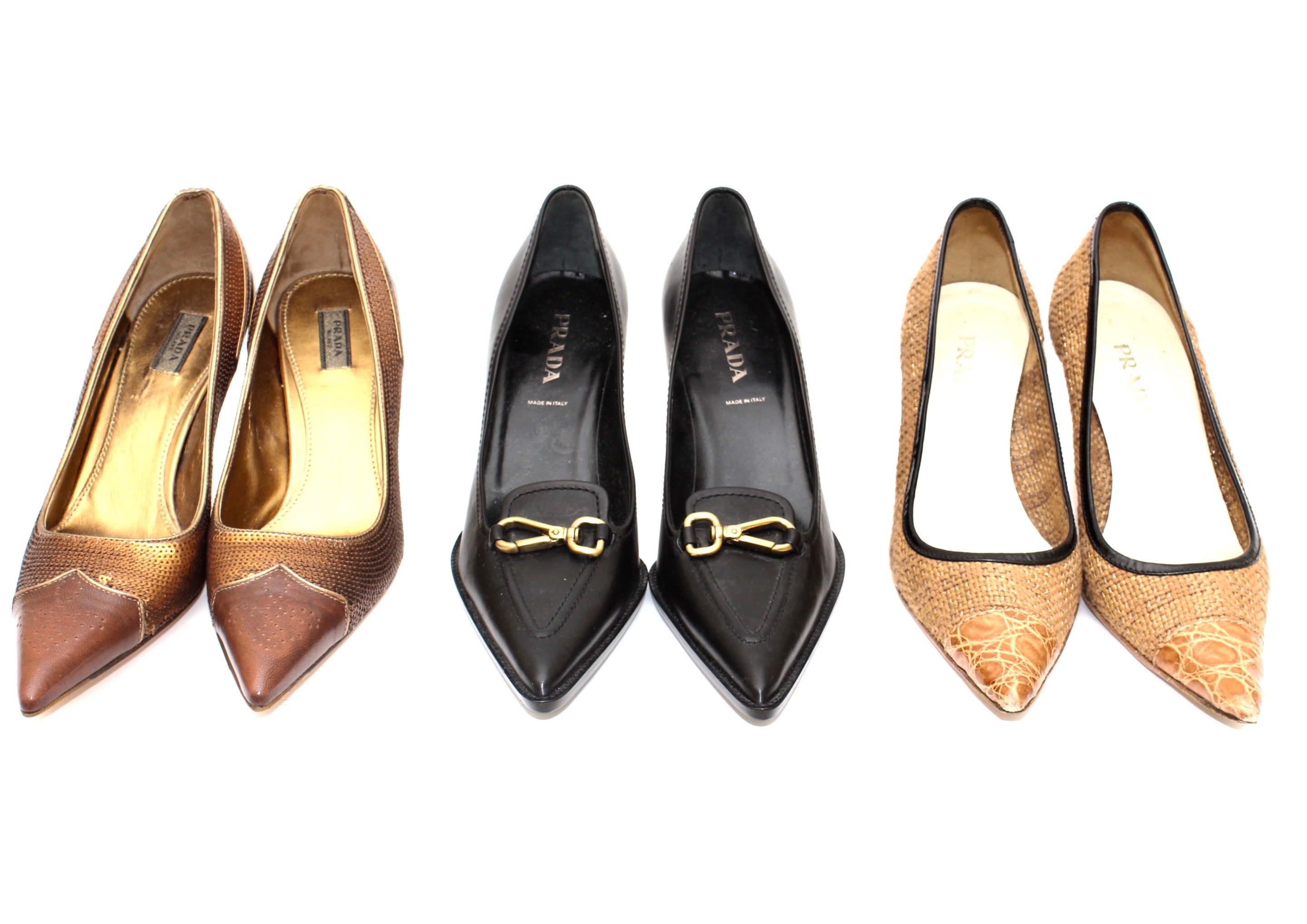 Prada Leather and Woven High-Heeled Pumps