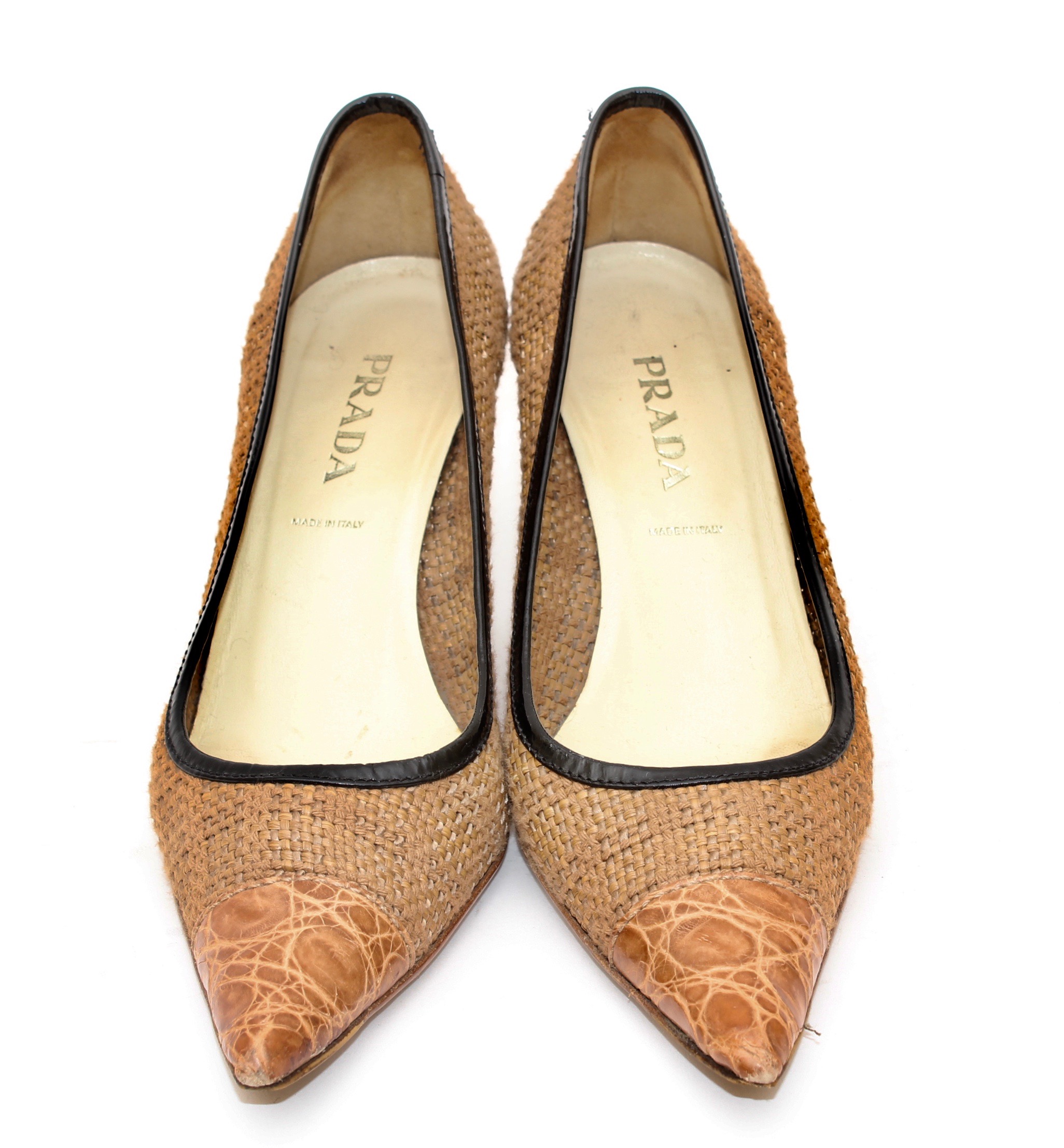 Prada Leather and Woven High-Heeled Pumps