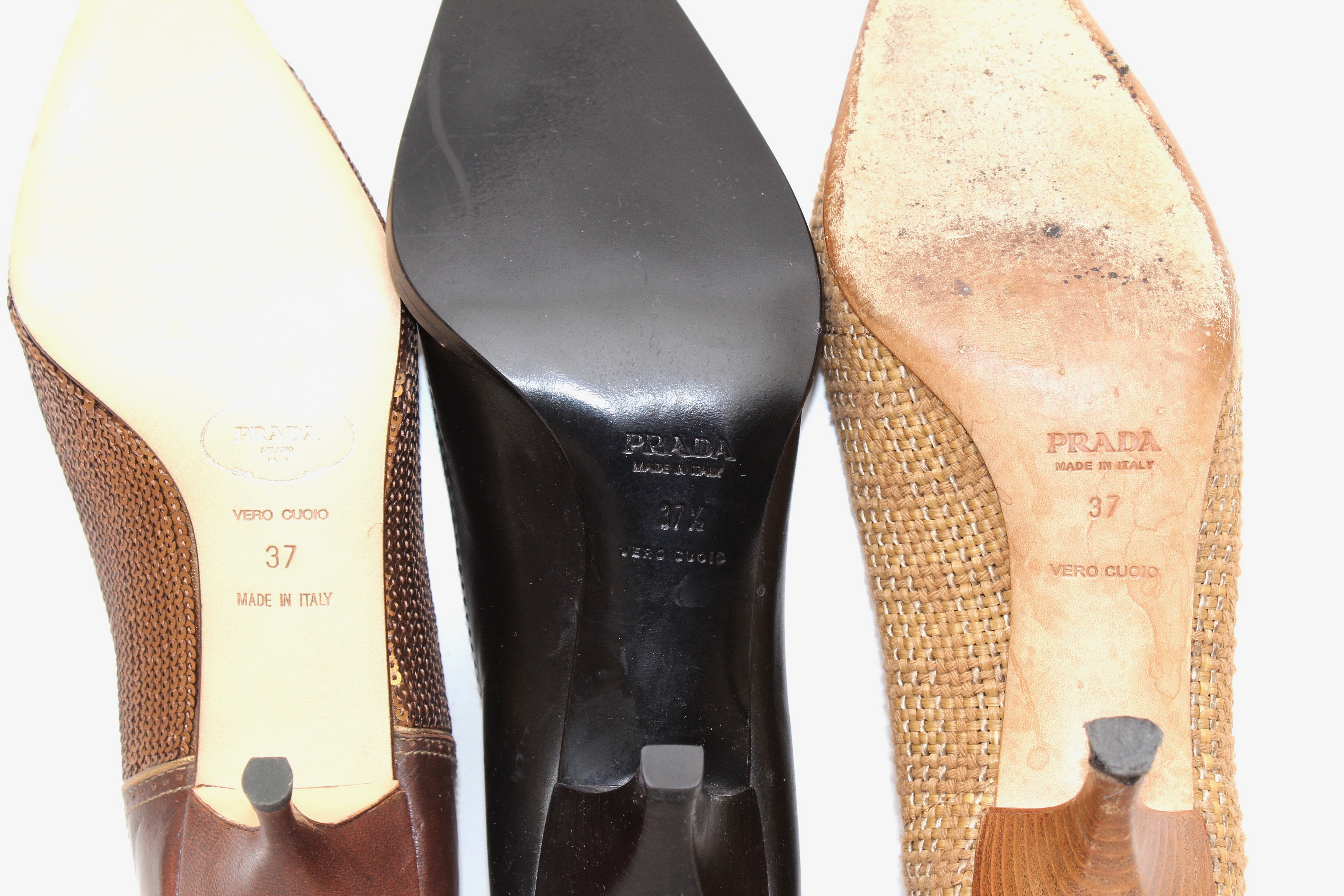 Prada Leather and Woven High-Heeled Pumps