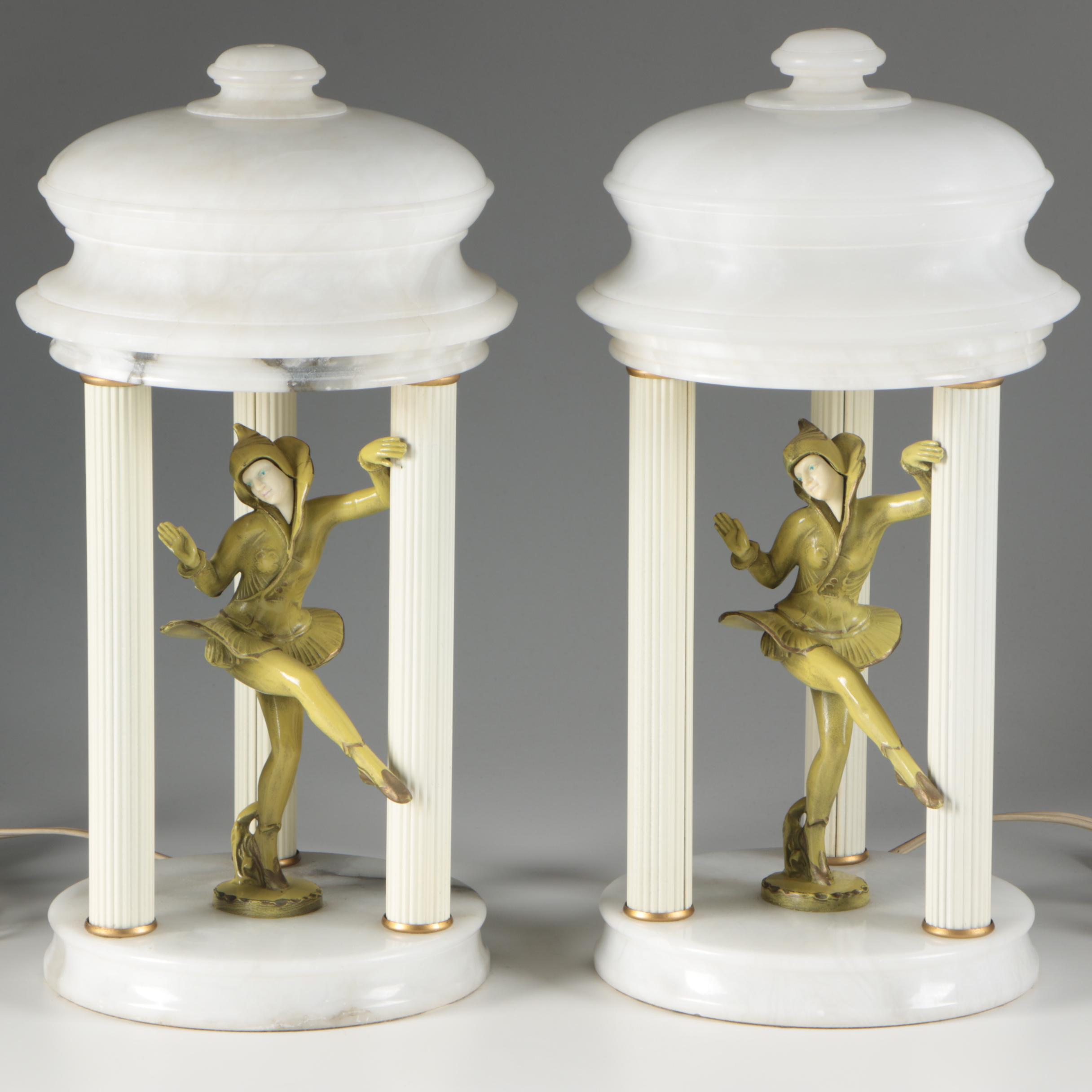 Alabaster Rotunda Table Lamps with Harlequin Dancers after Gerdago, 1930s