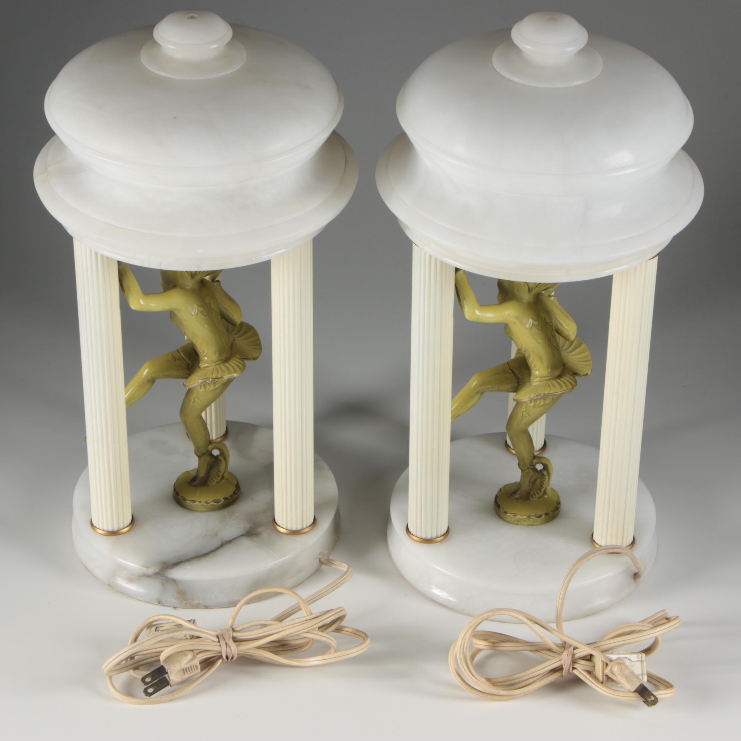 Alabaster Rotunda Table Lamps with Harlequin Dancers after Gerdago, 1930s