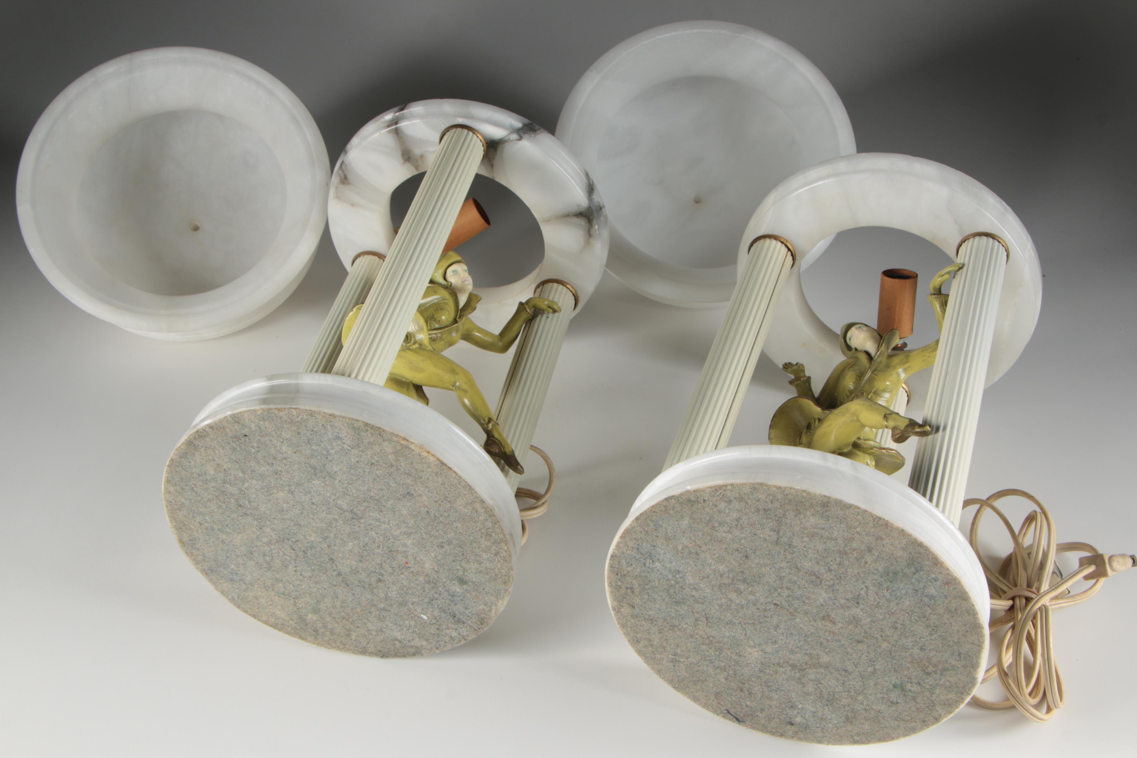 Alabaster Rotunda Table Lamps with Harlequin Dancers after Gerdago, 1930s