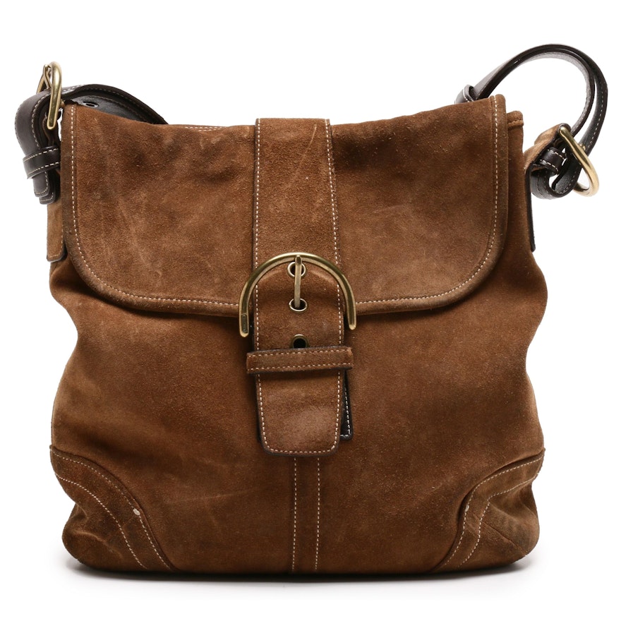 Coach Brown Suede Flap Front Hobo Bag with Leather Strap
