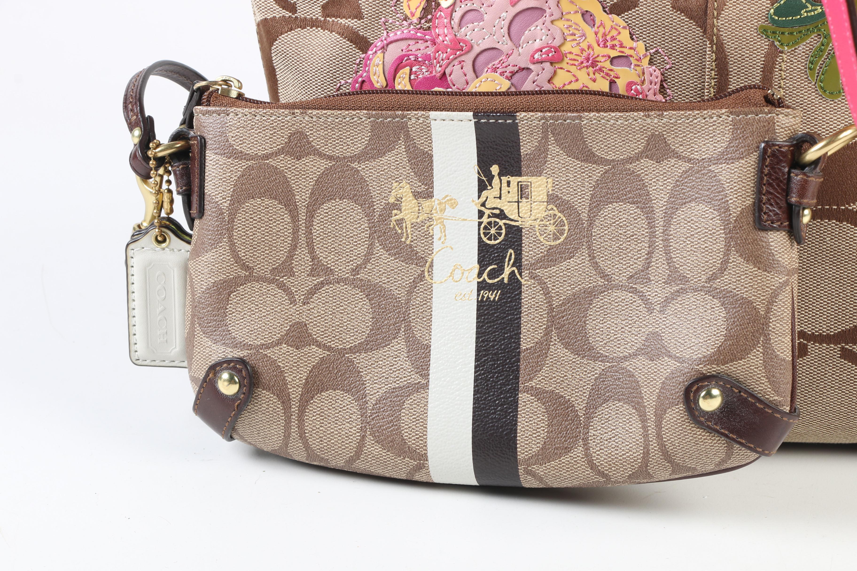 Coach Signature Jacquard Pink Stripe Floral Appliqué Tote and Wristlet Zip Pouch