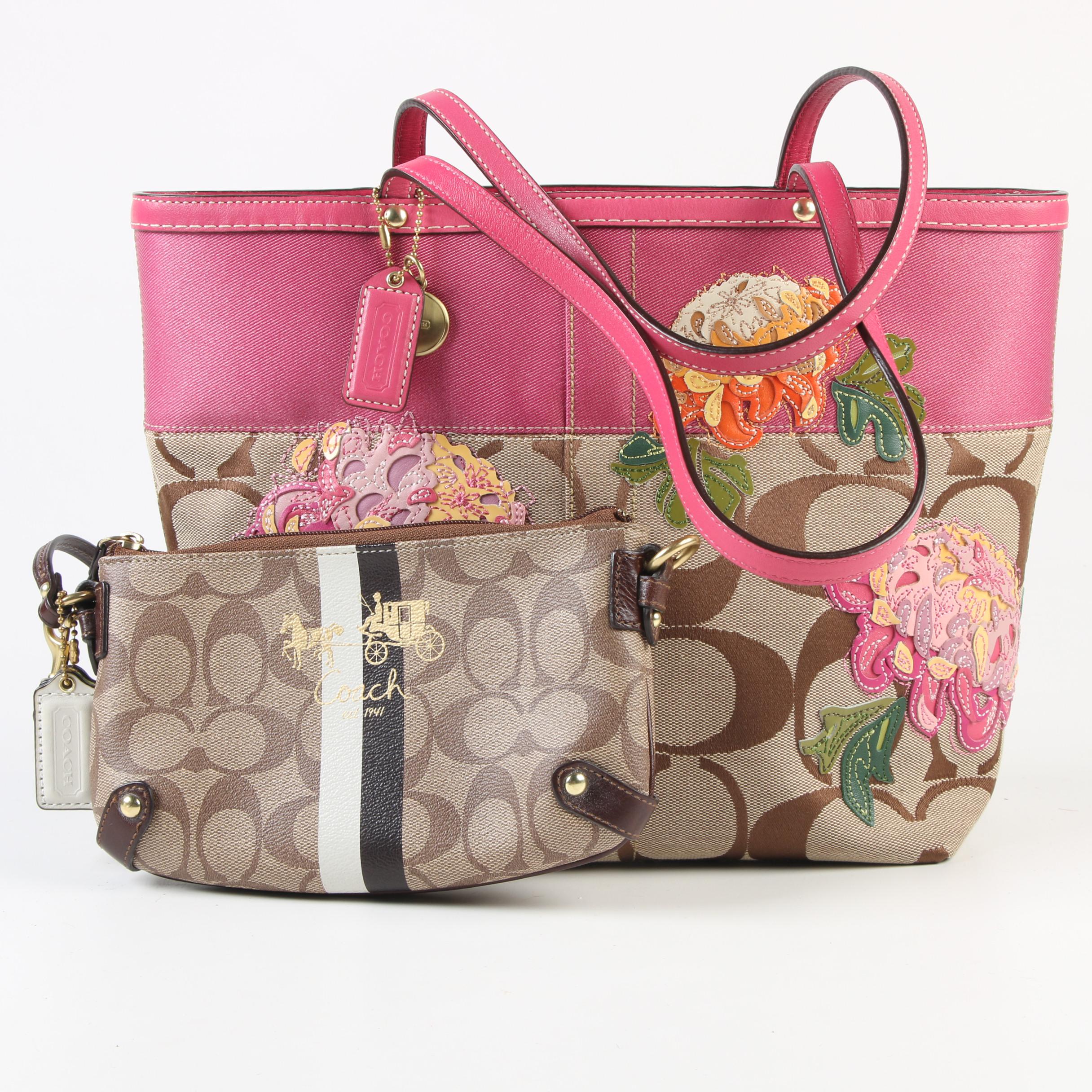 Coach Signature Jacquard Pink Stripe Floral Appliqué Tote and Wristlet Zip Pouch