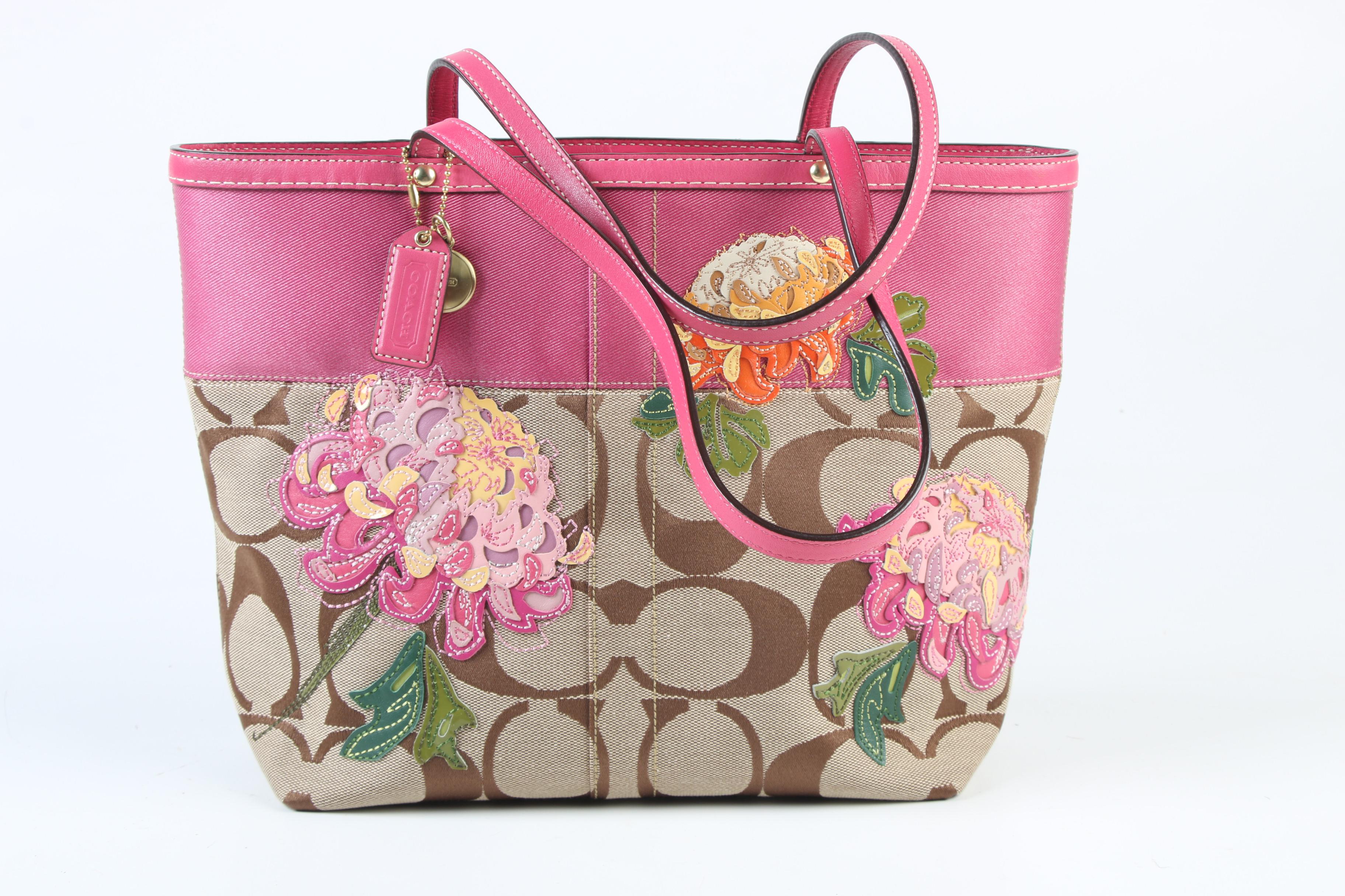 Coach Signature Jacquard Pink Stripe Floral Appliqué Tote and Wristlet Zip Pouch