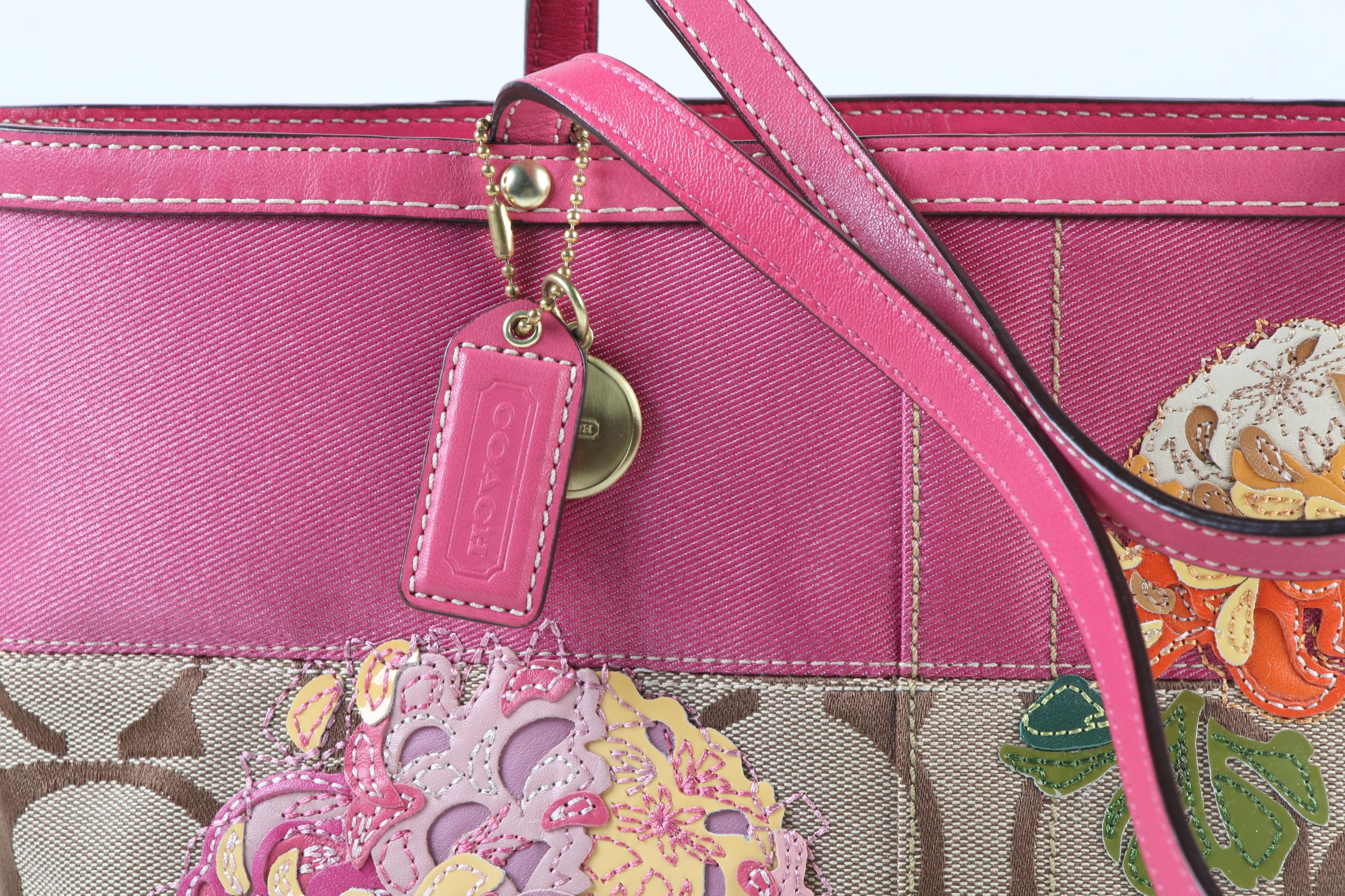 Coach Signature Jacquard Pink Stripe Floral Appliqué Tote and Wristlet Zip Pouch