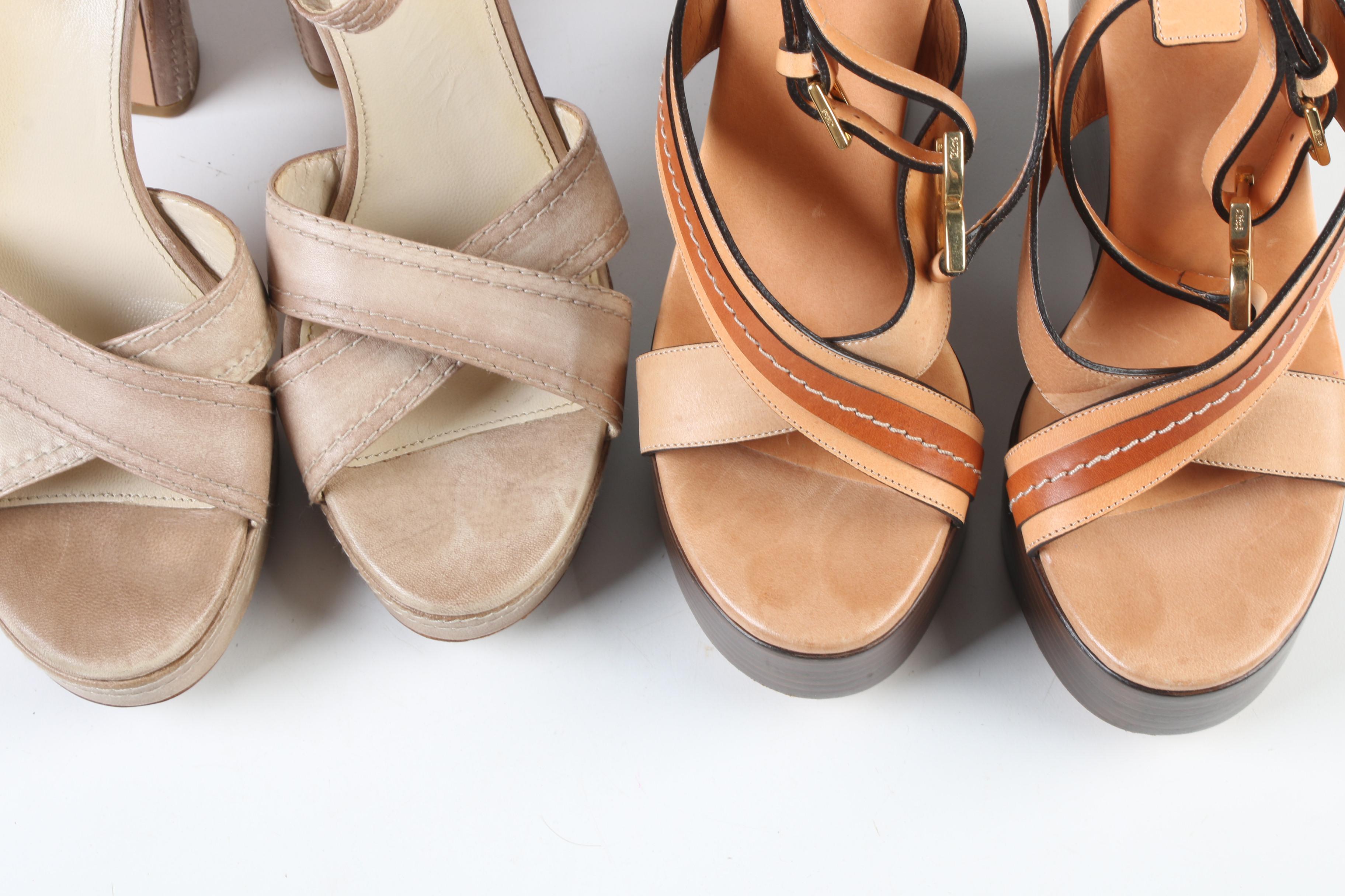 Prada and Chloé Leather Ankle Strap Platform Sandals