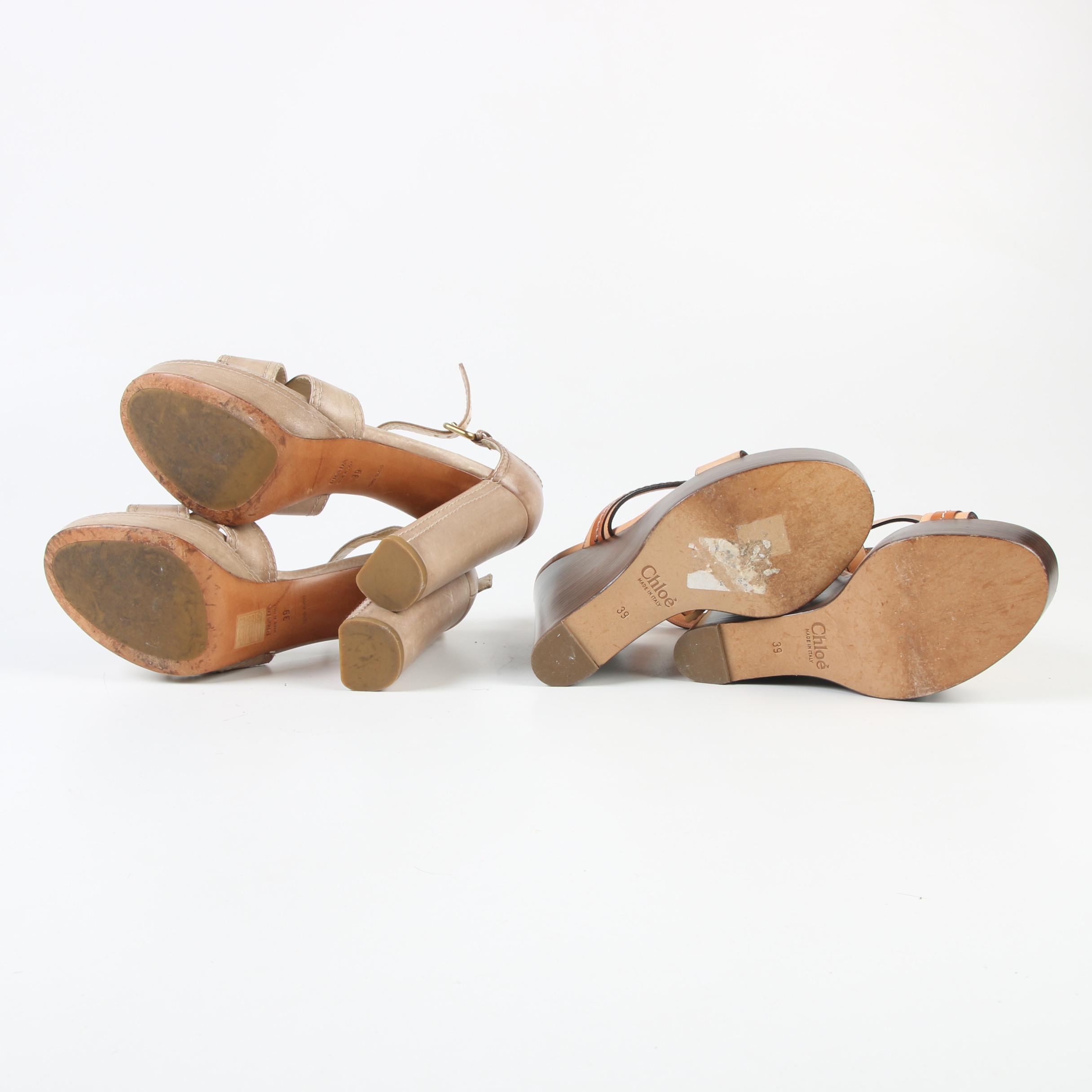 Prada and Chloé Leather Ankle Strap Platform Sandals