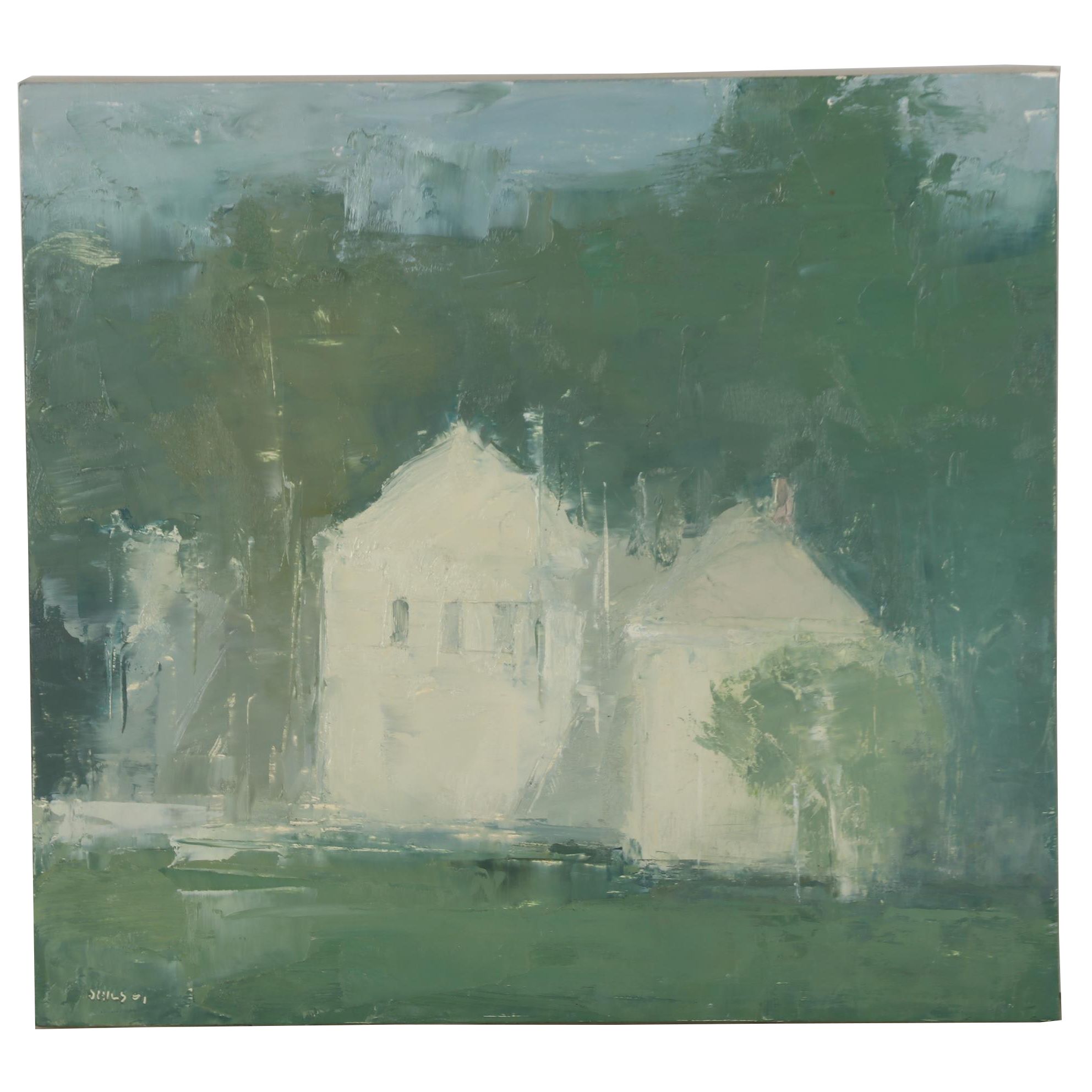 Stuart Shils Oil Painting "White Barns and Trees", 2001