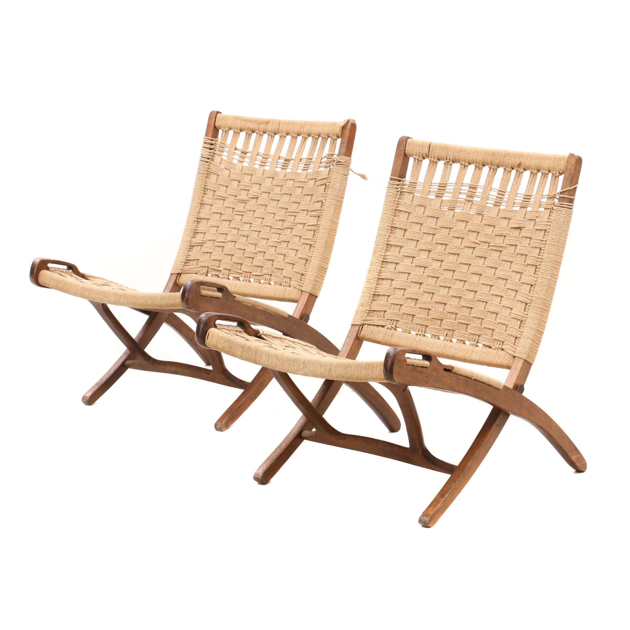 Mid Century Modern Hans Wegner Style Walnut Folding Rope Chairs
