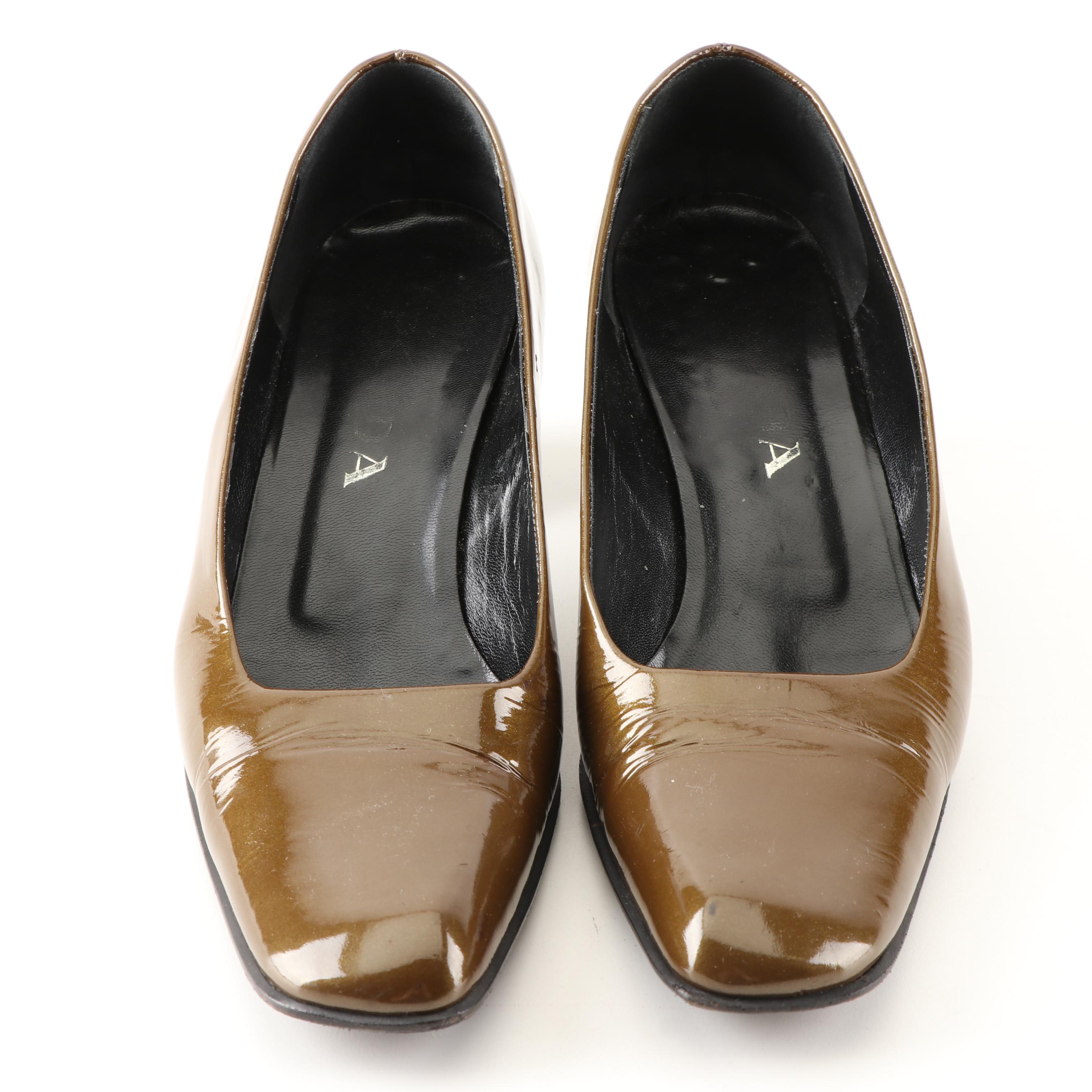 Prada Olive Green Metallic Patent Leather Pumps