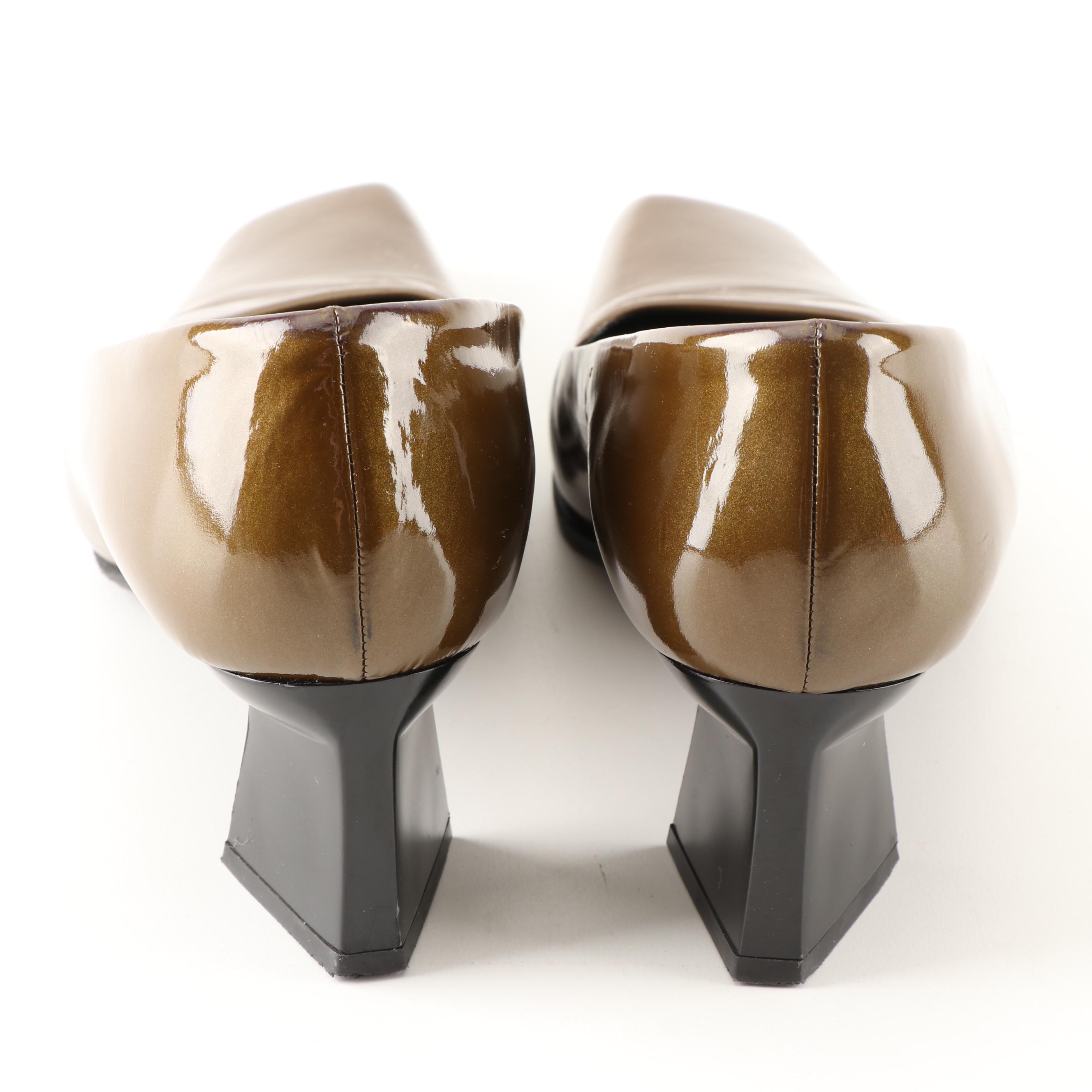 Prada Olive Green Metallic Patent Leather Pumps