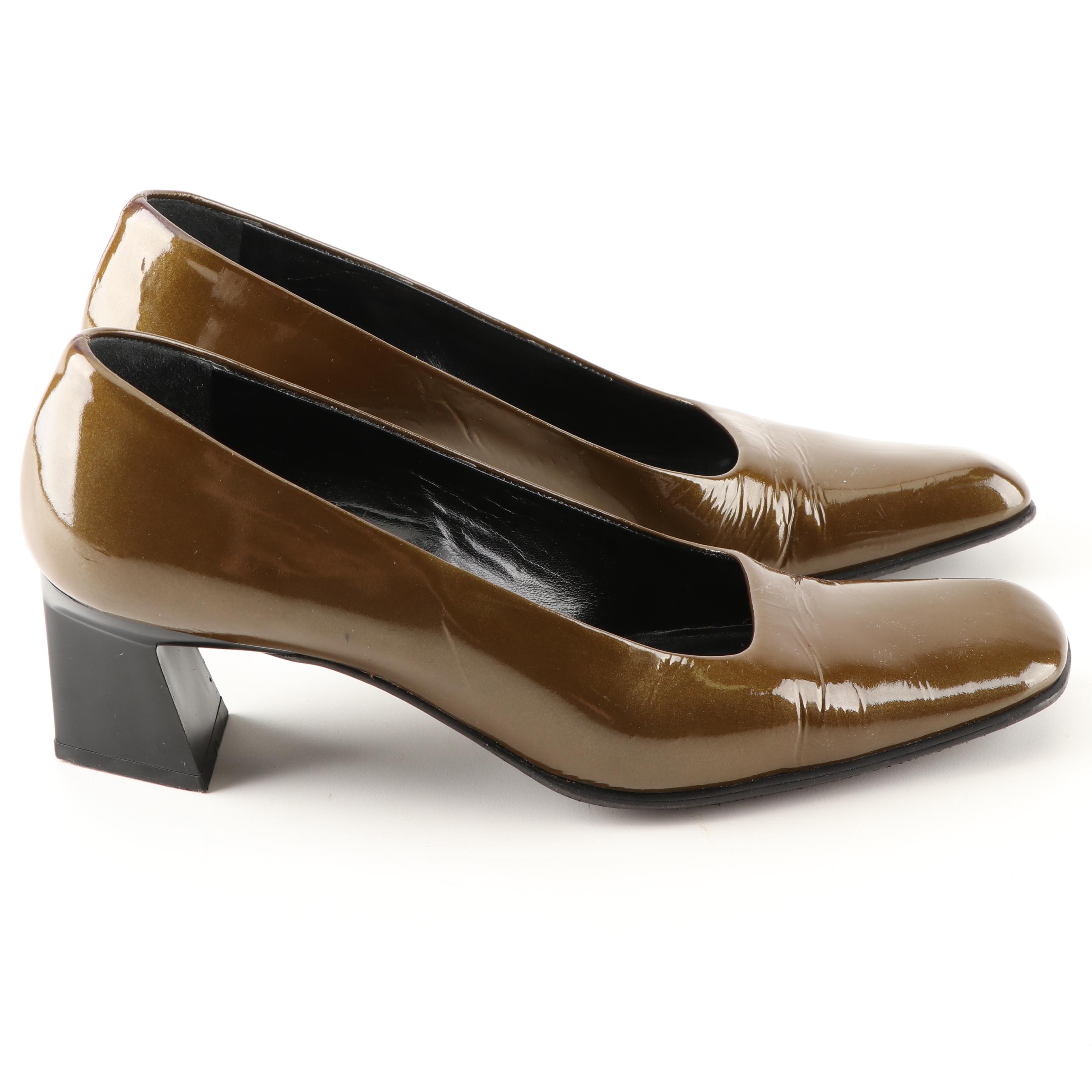 Prada Olive Green Metallic Patent Leather Pumps