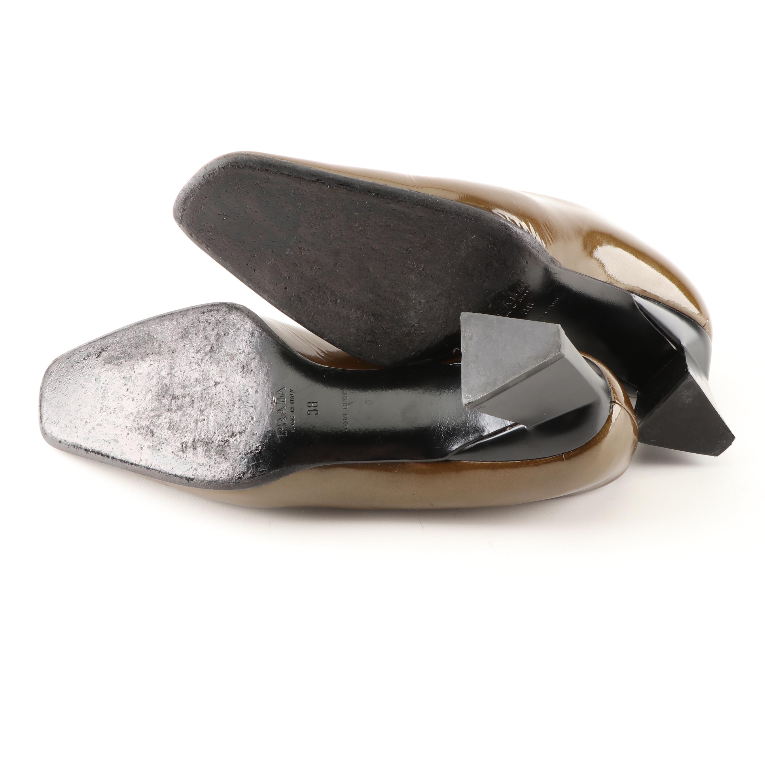 Prada Olive Green Metallic Patent Leather Pumps
